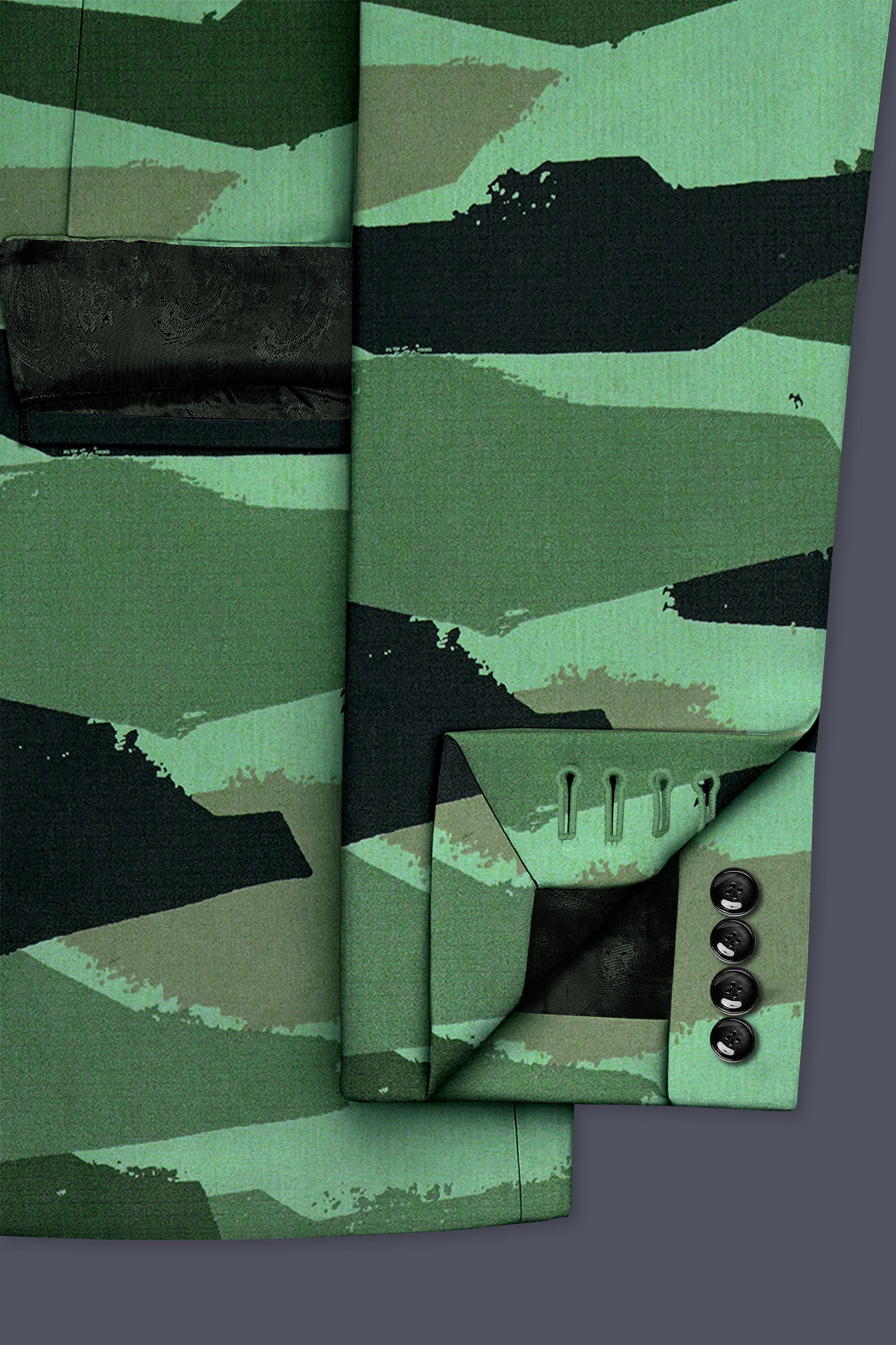 Verdvoro-Pale Green And Firefly Blue Camouflage Printed Premium Cotton Single Breasted Suit