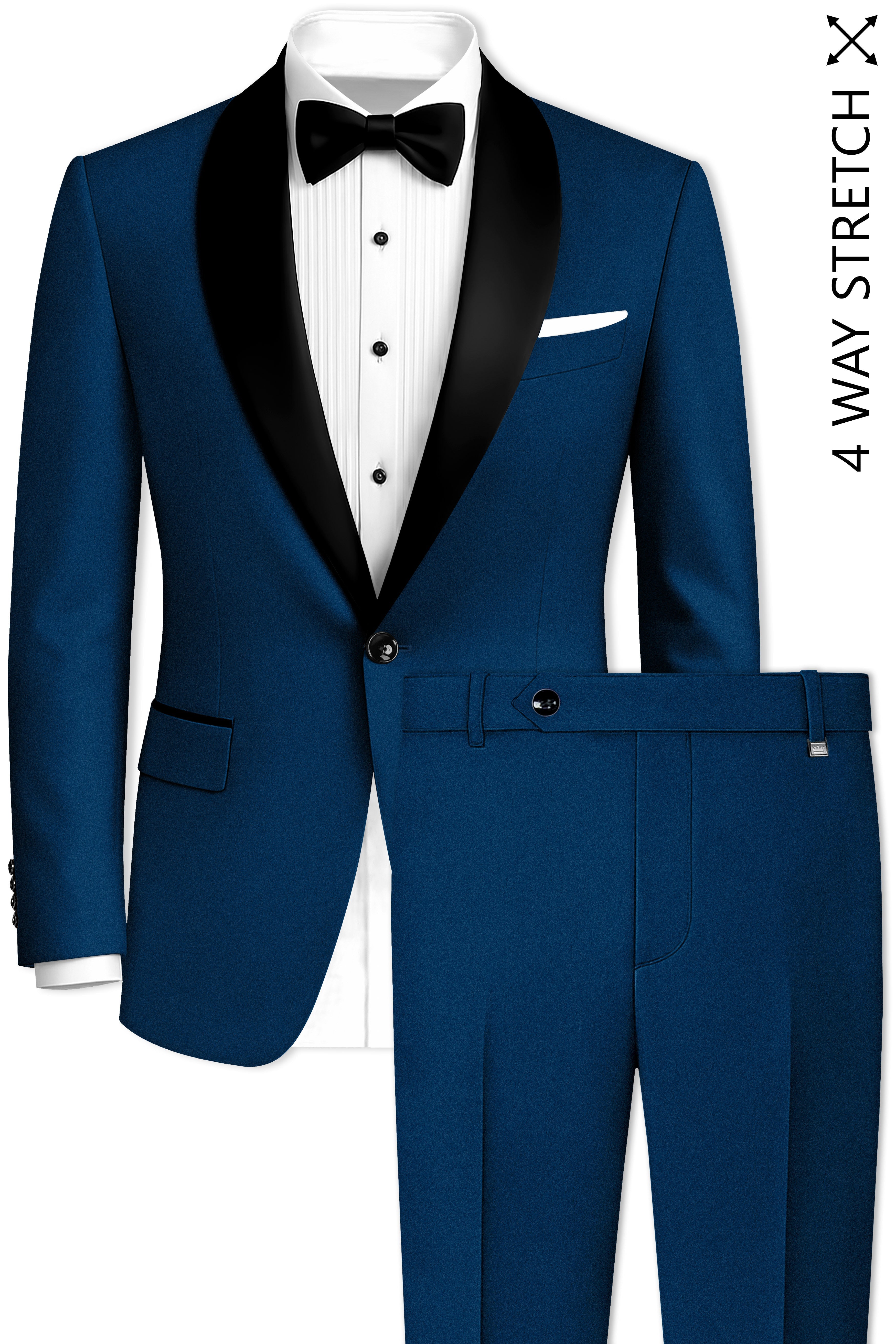 Aureblu-Korean Prussian Blue 4-Way Stretch Wrinkle-Free Wool Rich Tuxedo Suit