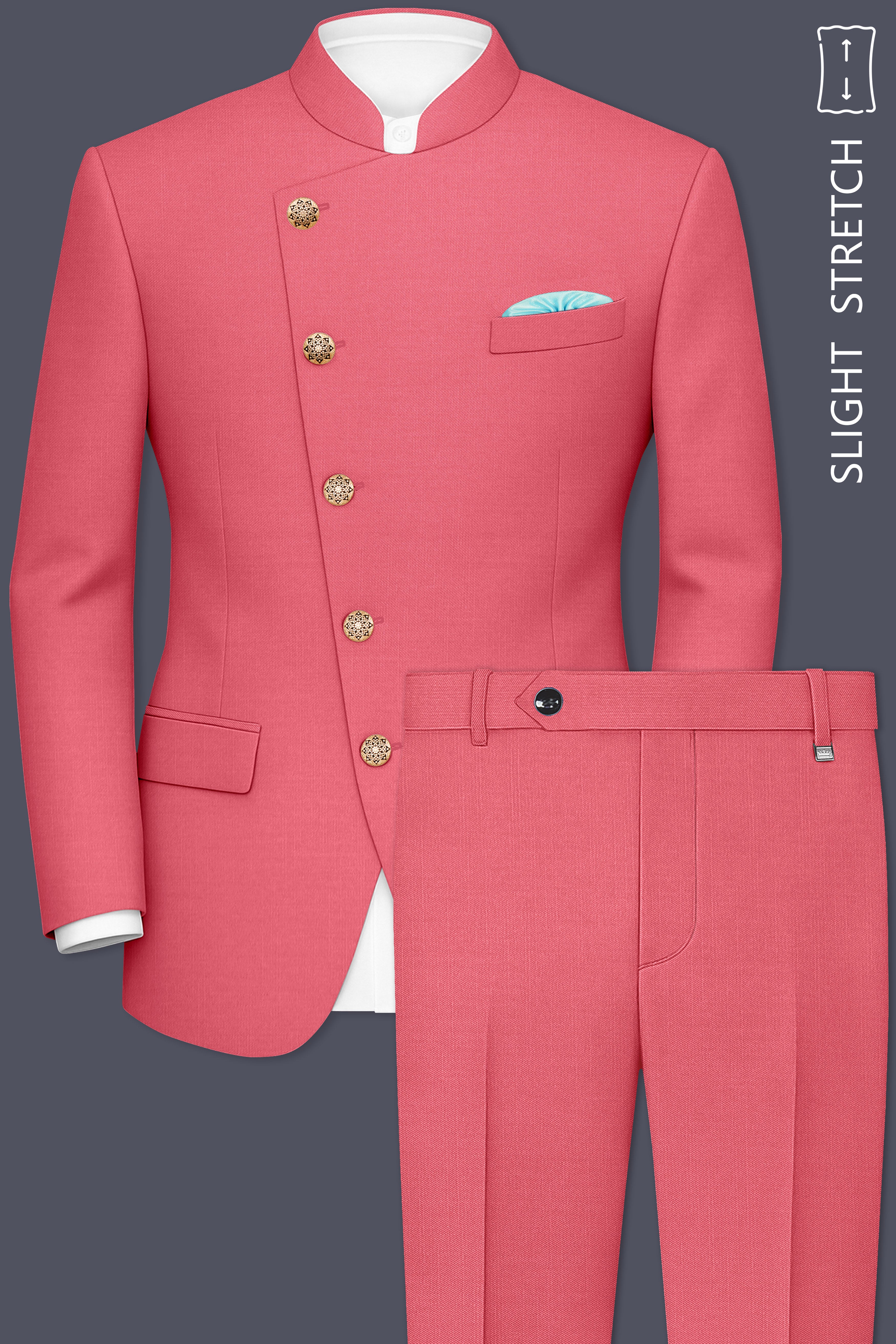 Aurerosa-Roman Pink Wool Rich Cross Placket Bandhgala Slight Stretch Suit