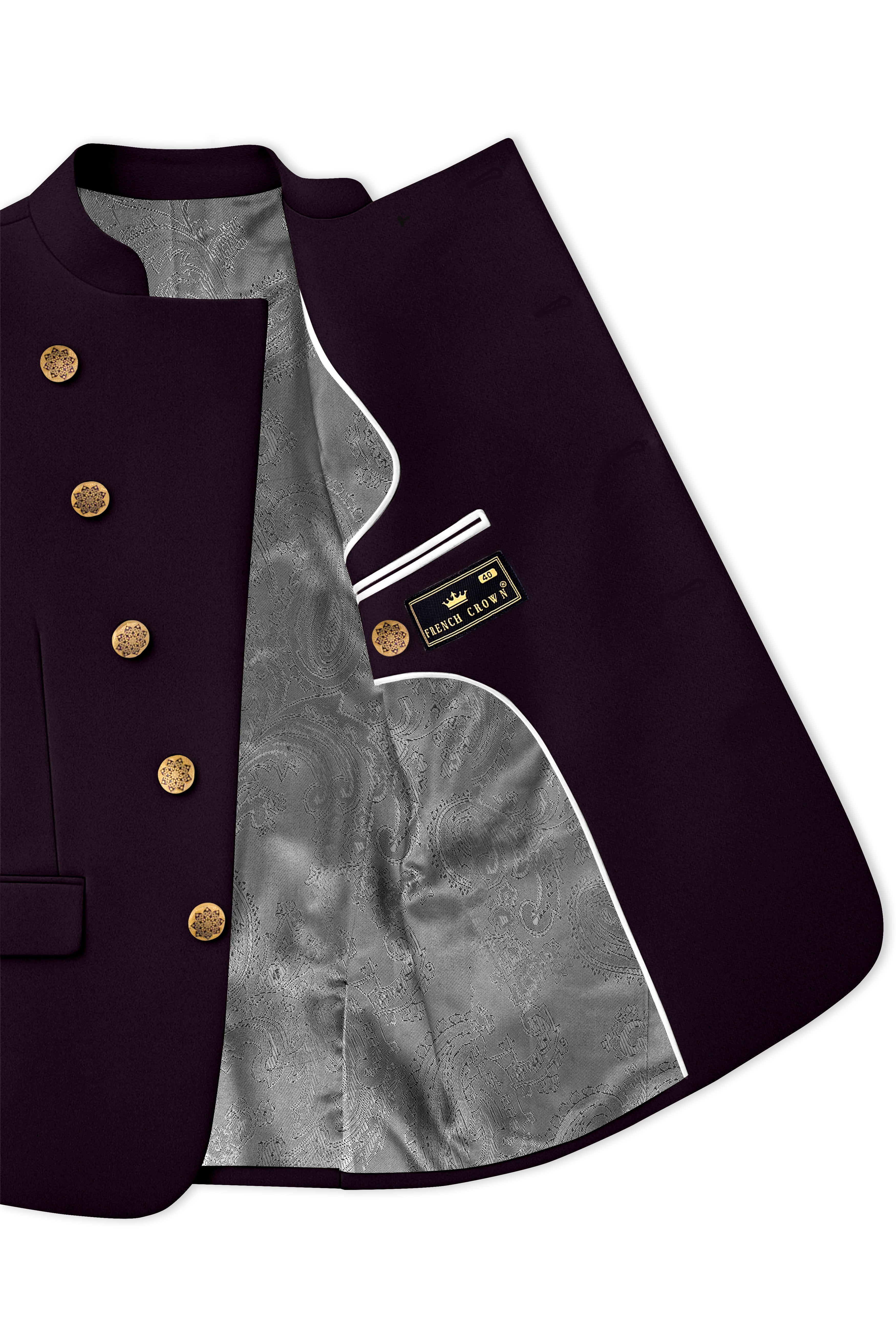 Marenzo-Korean Seal Maroon 4-Way Stretch Wool Rich Cross Placket Bandhgala Suit