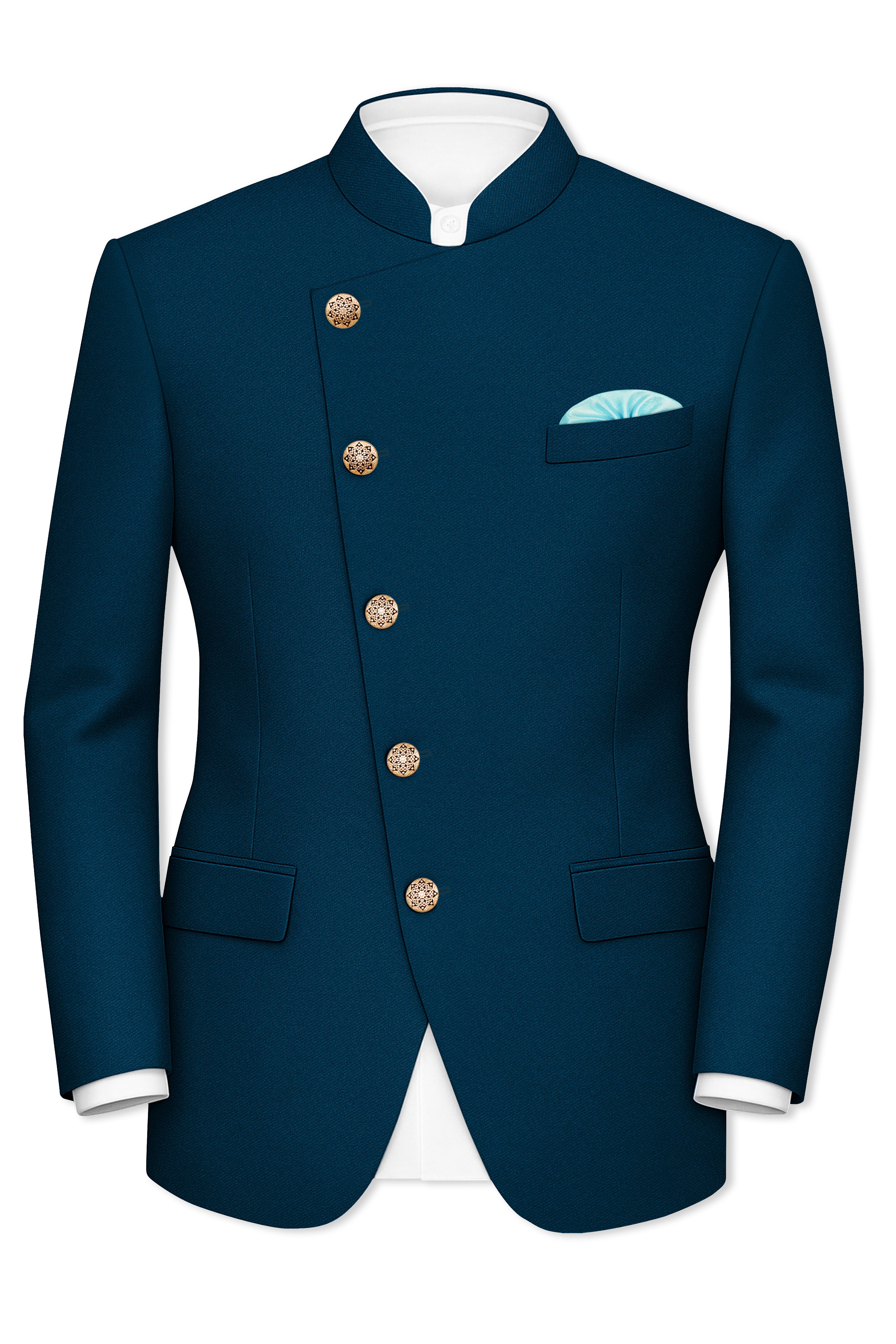 Aureblu-Korean Prussian Blue 4-Way Stretch Wool Rich Cross Placket Bandhgala Suit