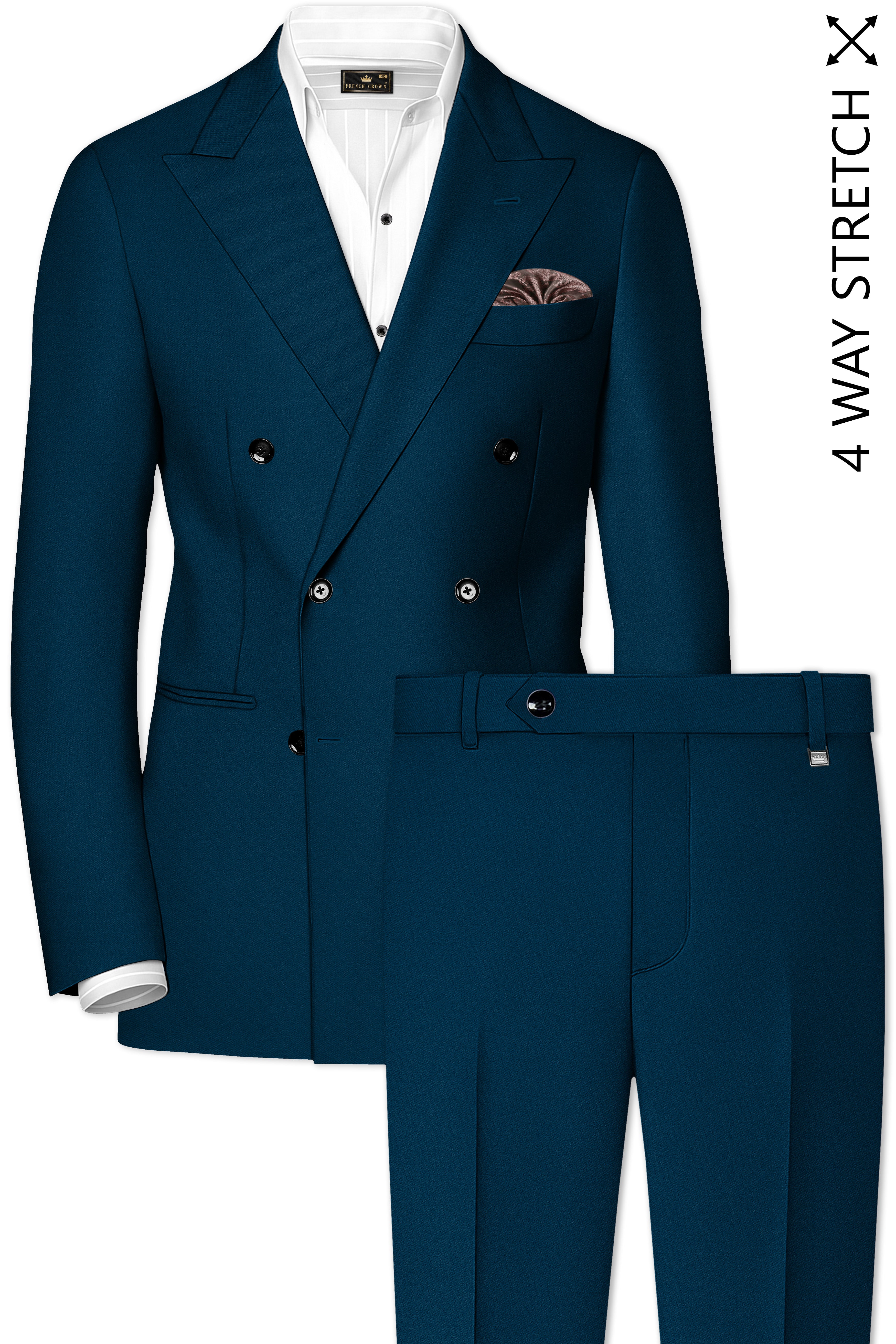 Aureblu-Korean Prussian Blue 4-Way Stretch Wool Rich Double Breasted Suit