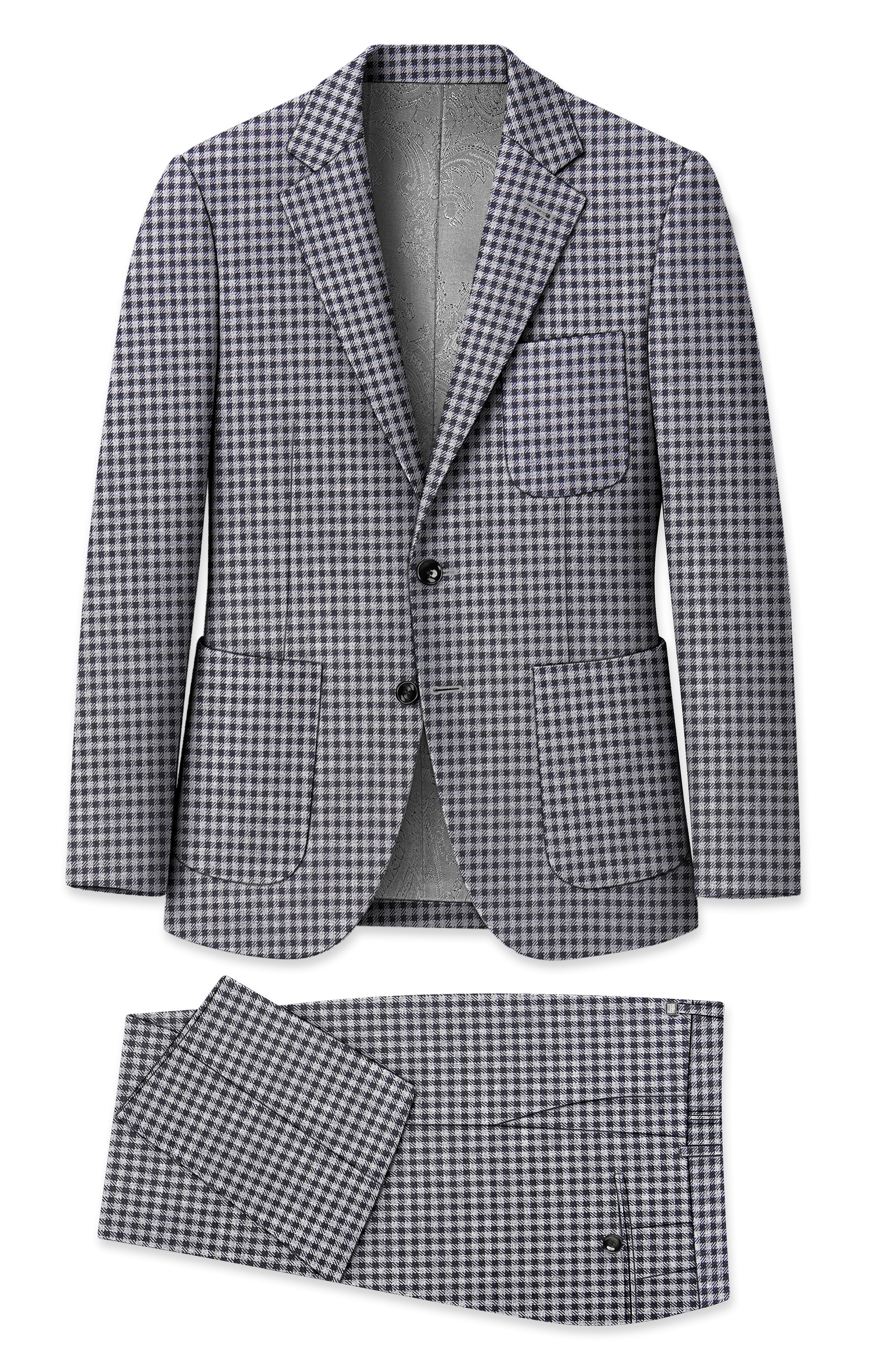 Graphite-Metallic Gray And Tuatara Gingham Plaid Tweed Single Breasted Sports Suit