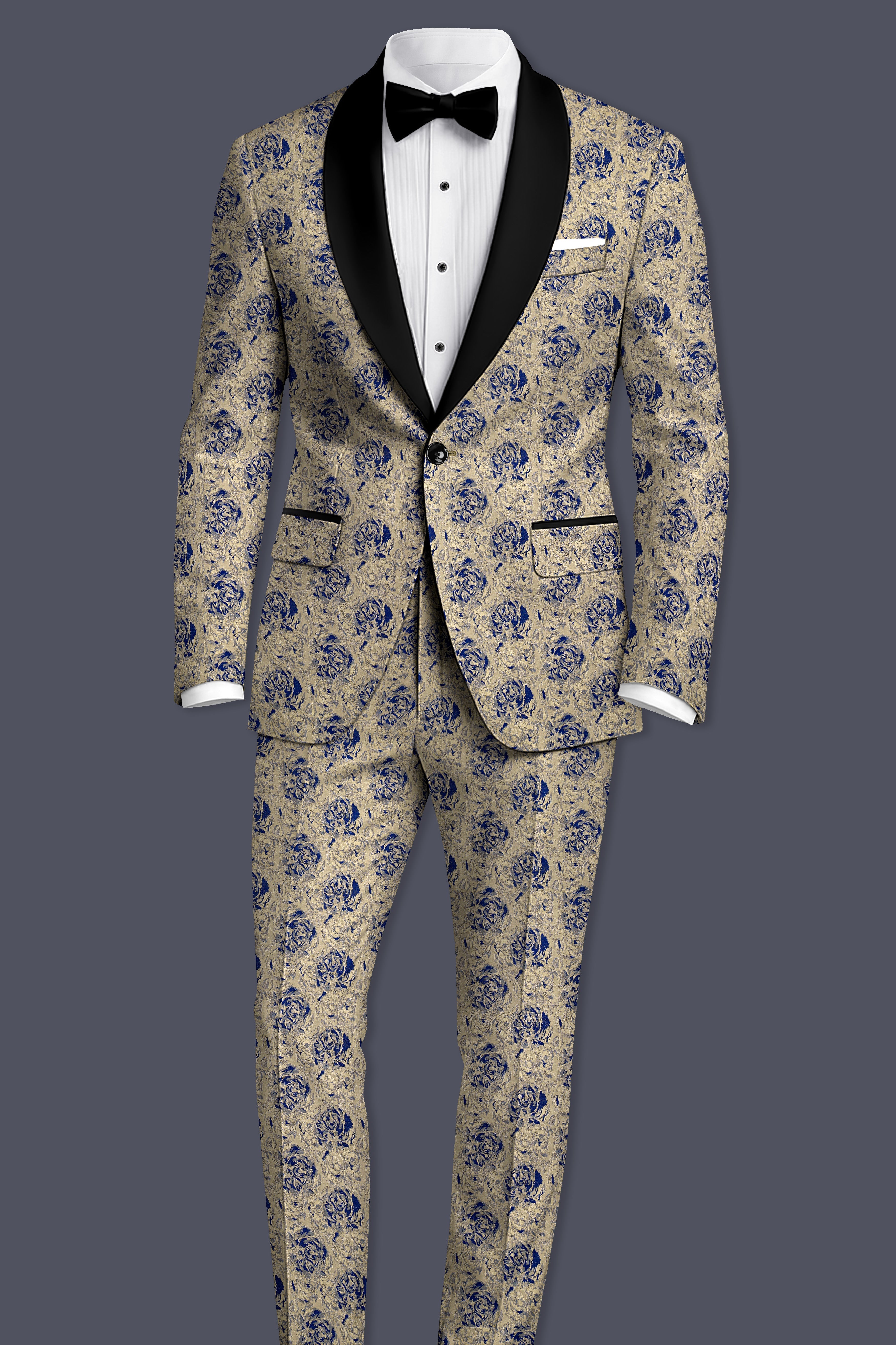 Jacqoro-Gravel Blue and Golden Jacquard Textured Tuxedo Suit