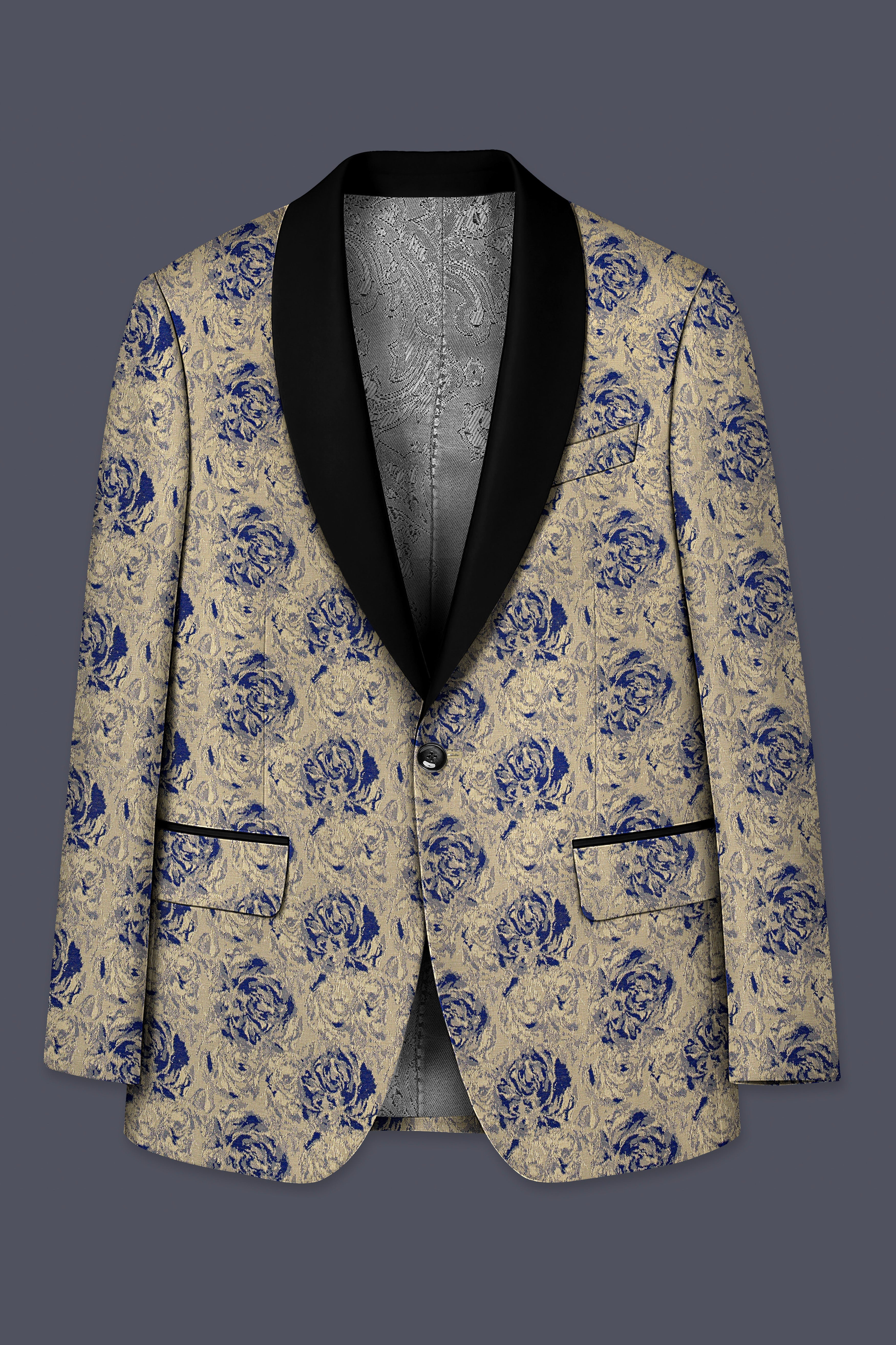 Jacqoro-Gravel Blue and Golden Jacquard Textured Tuxedo Suit