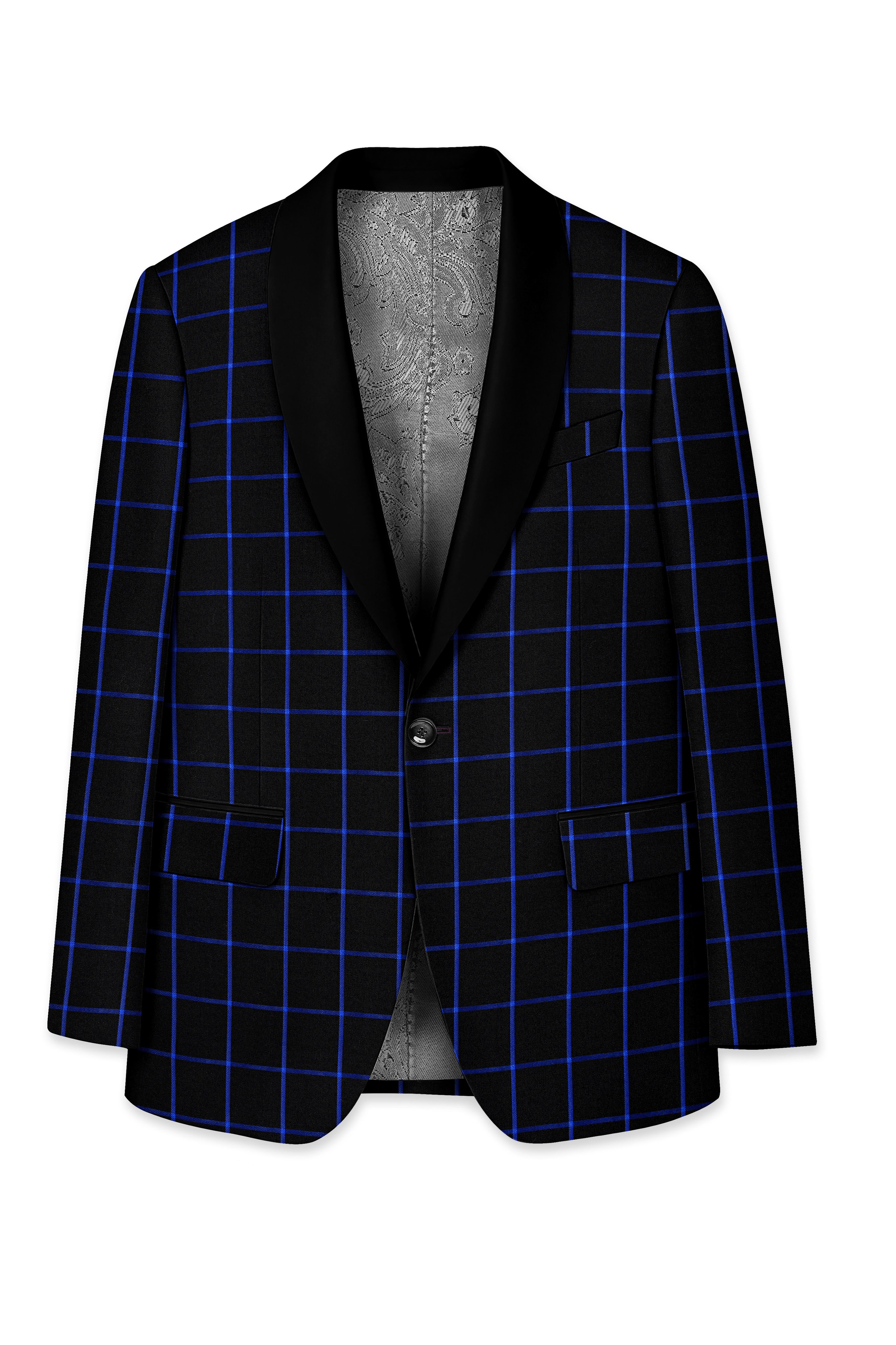 Panevoro-Jade Black With Cerulean Blue Windowpane Wool Rich Tuxedo Suit