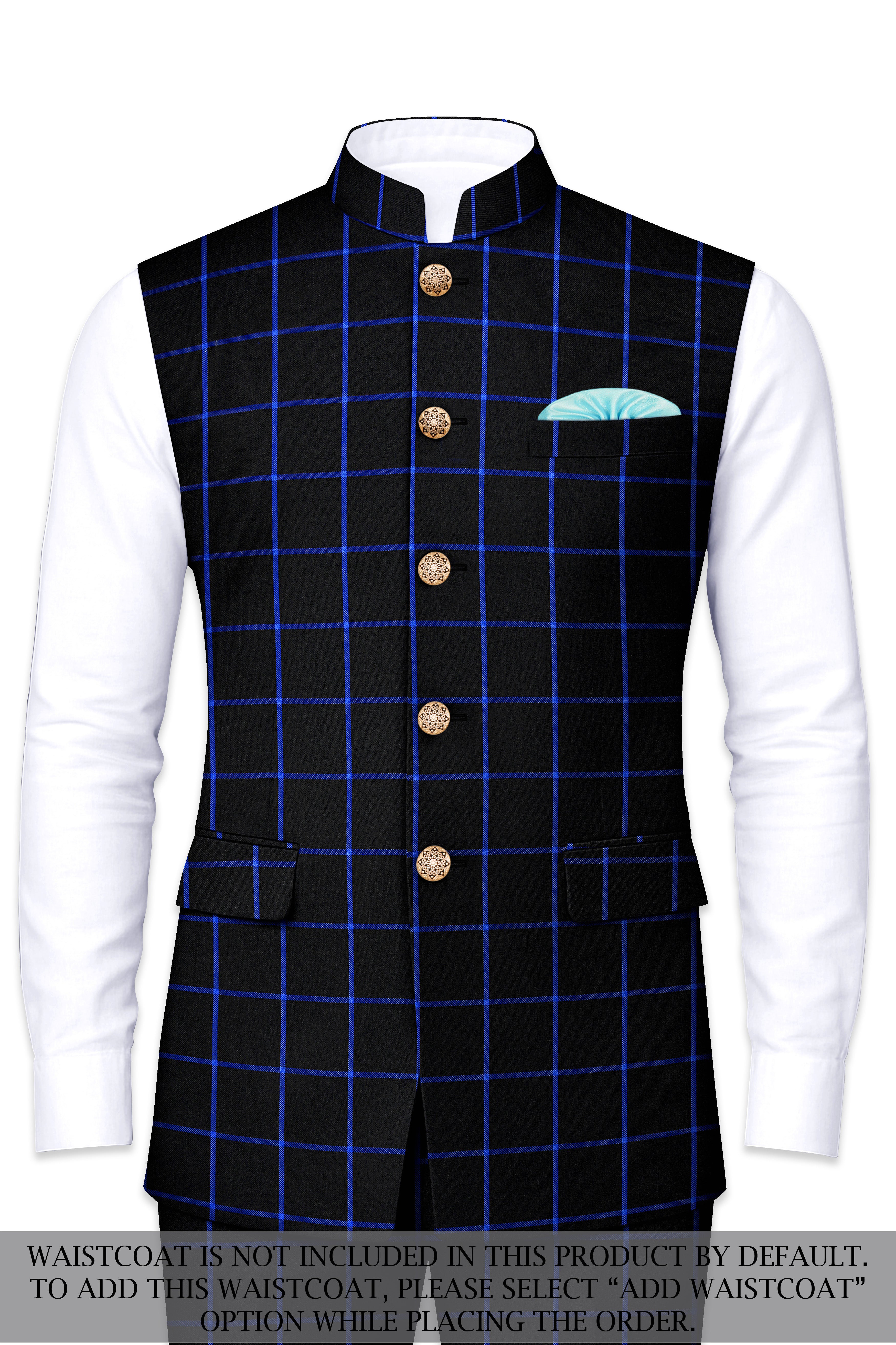 Panevoro-Jade Black With Cerulean Blue Windowpane Wool Rich Cross Placket Bandhgala Suit