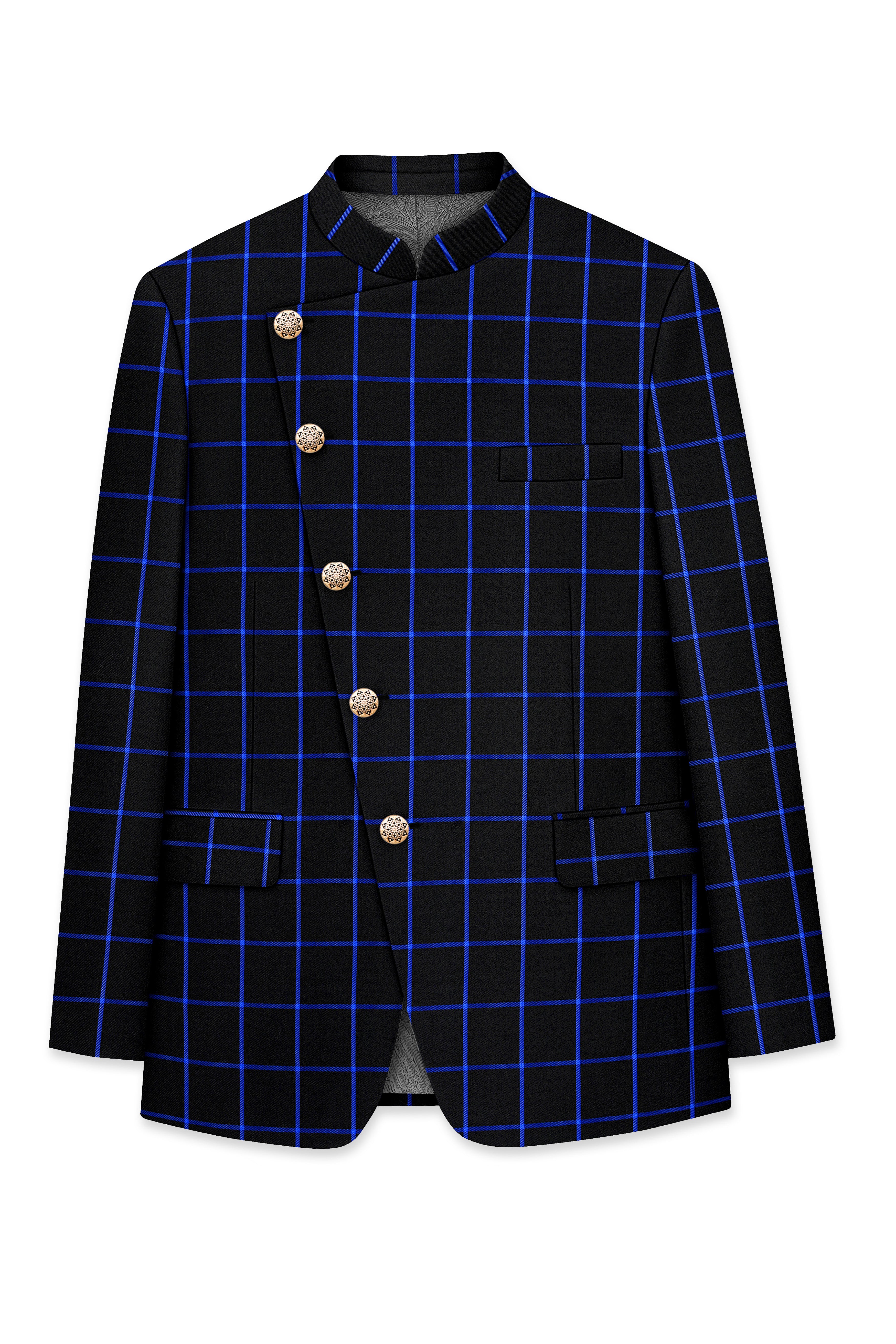 Panevoro-Jade Black With Cerulean Blue Windowpane Wool Rich Cross Placket Bandhgala Suit