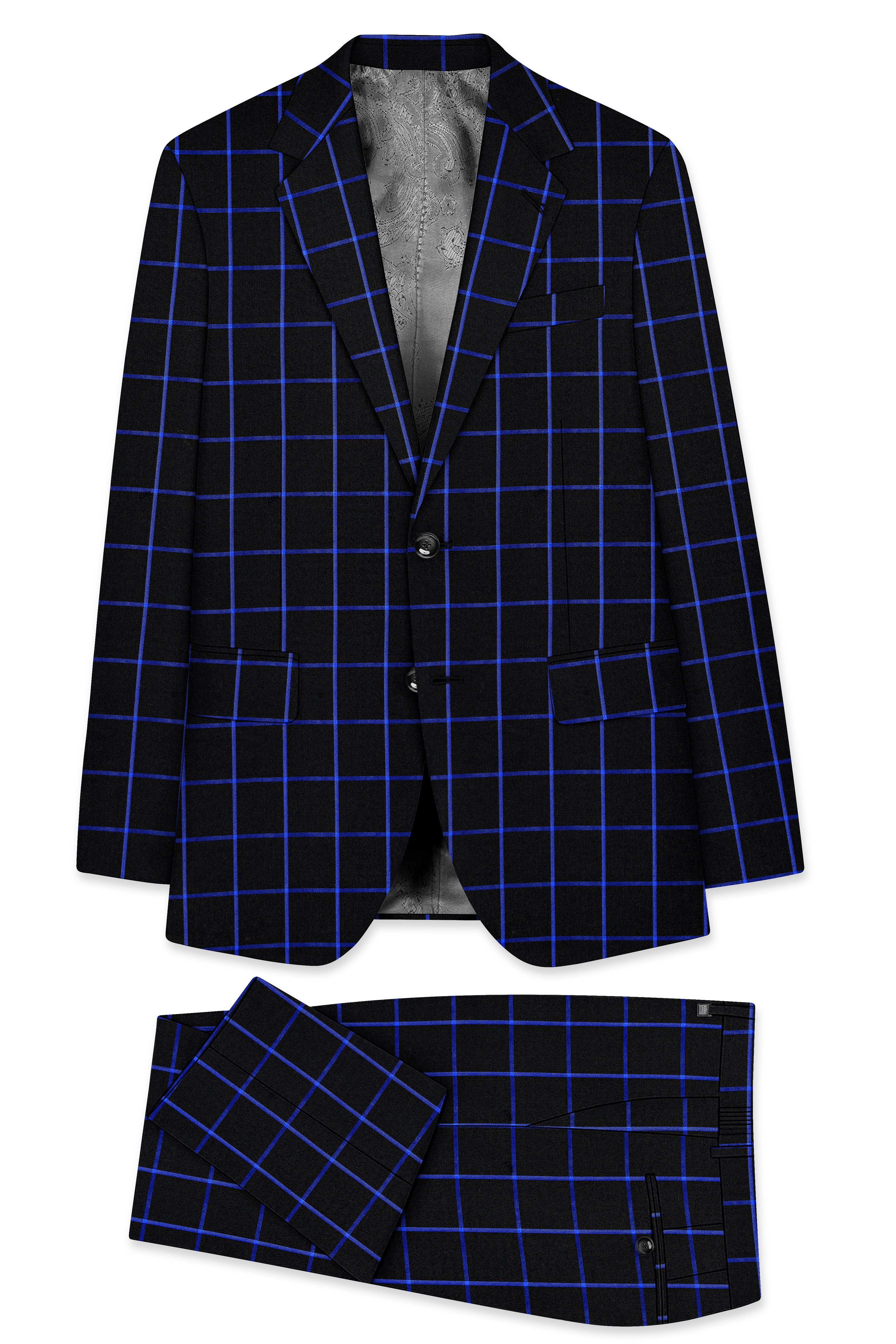 Panevoro-Jade Black With Cerulean Blue Windowpane Wool Rich Single Breasted Suit