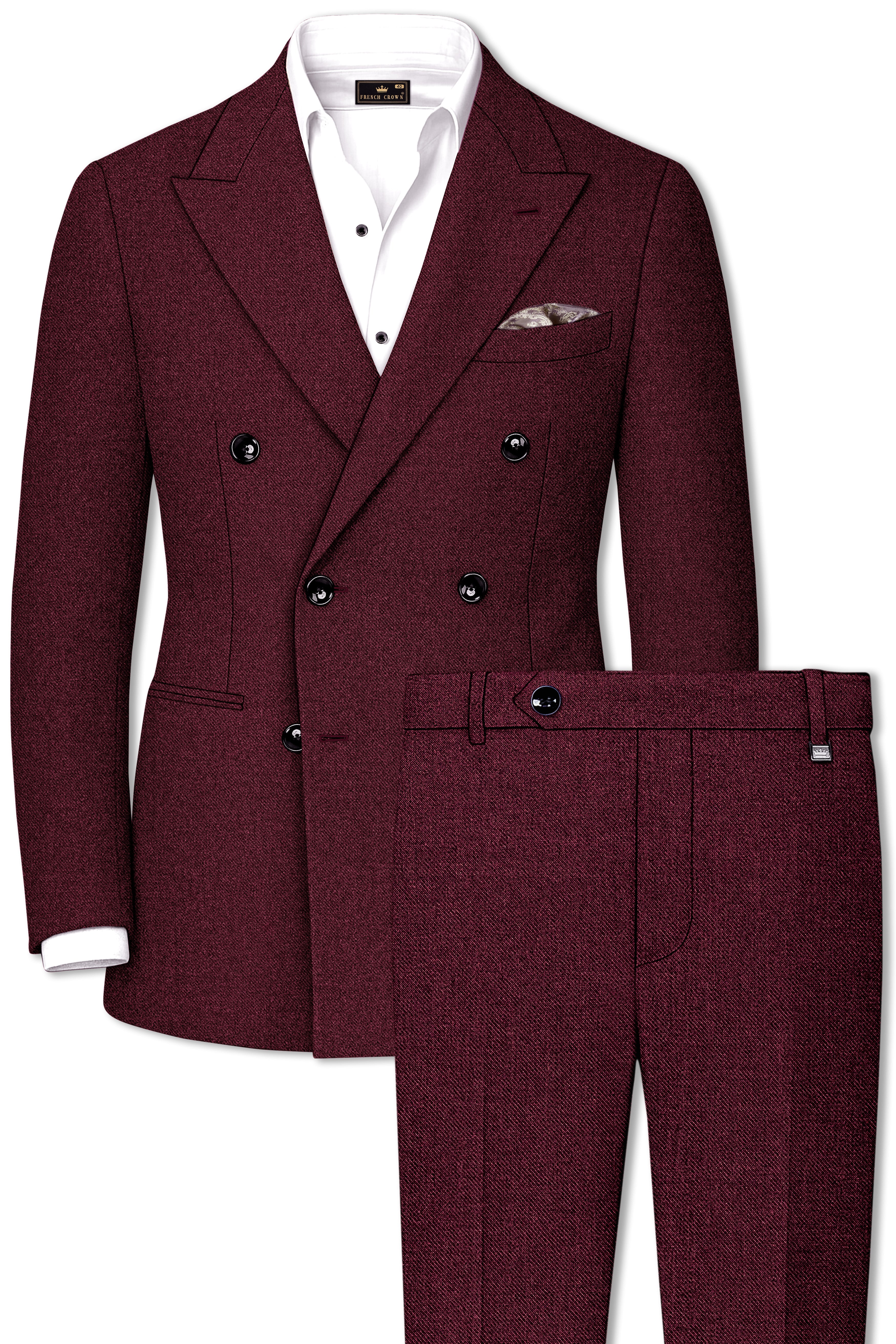 Burgvoro-Crated Maroon Textured Tweed Double Breasted Suit
