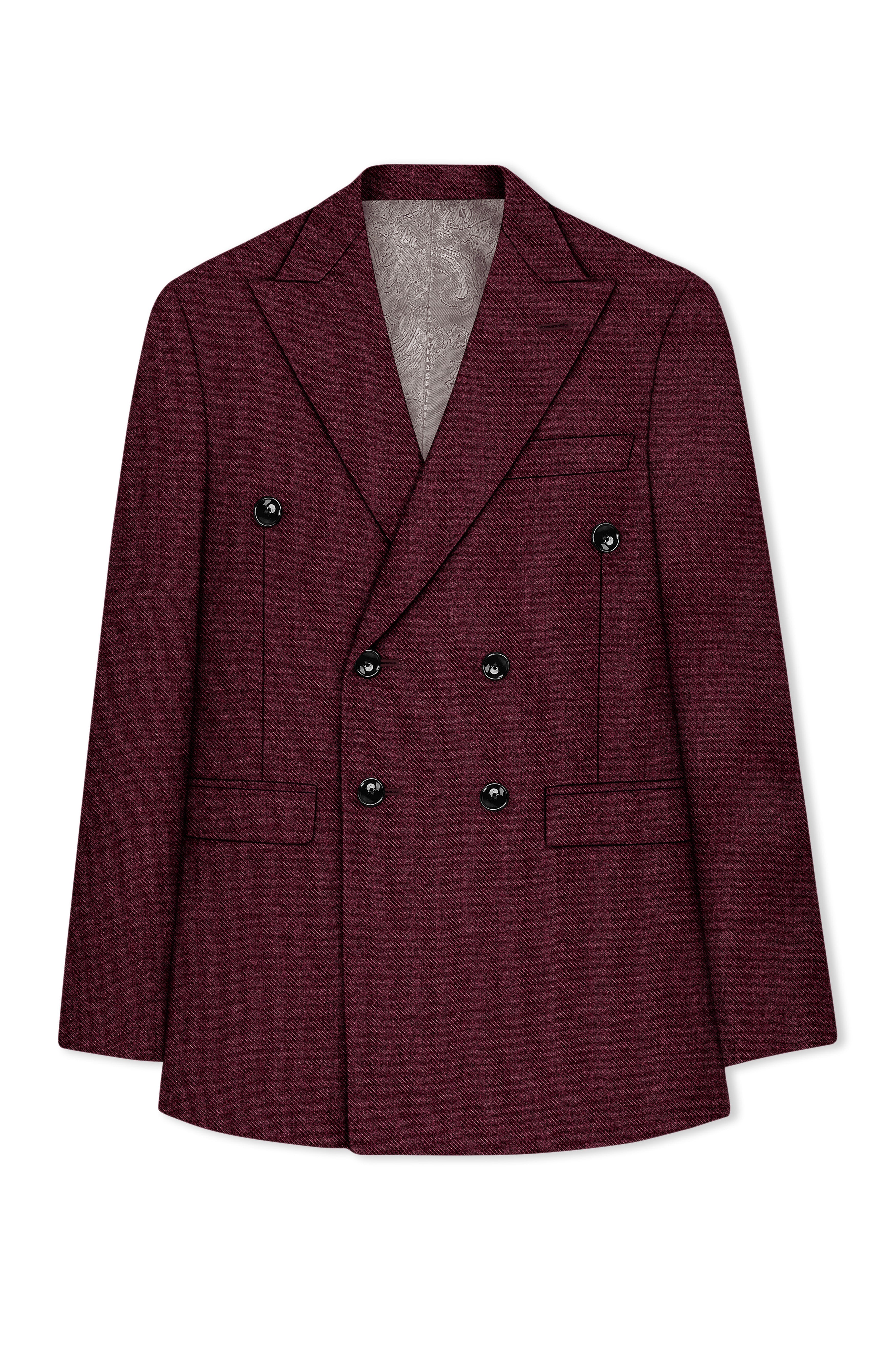 Burgvoro-Crated Maroon Textured Tweed Double Breasted Suit