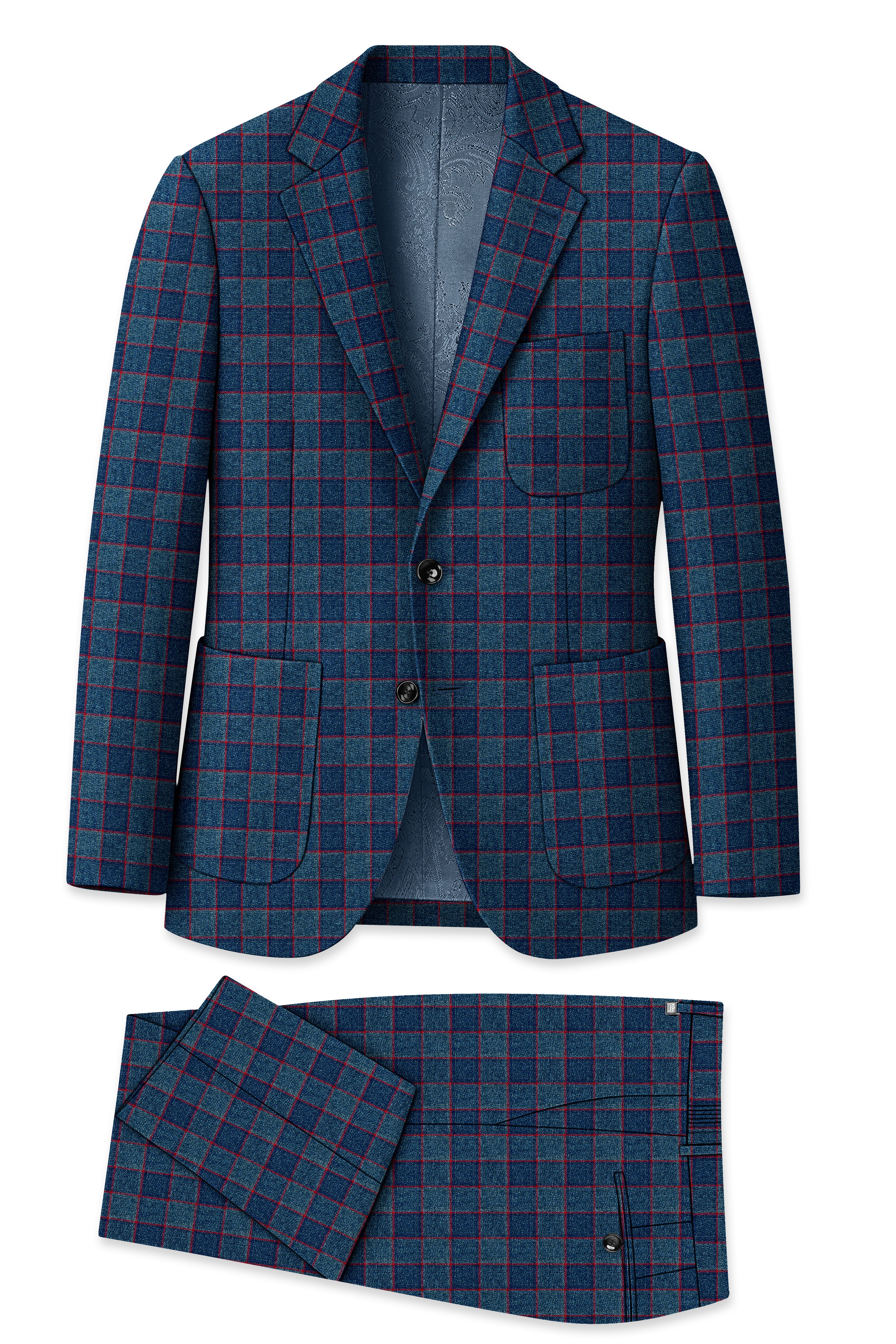 Panevoro-Vintage Blue Windowpane Premium Cotton Single Breasted Sports Suit