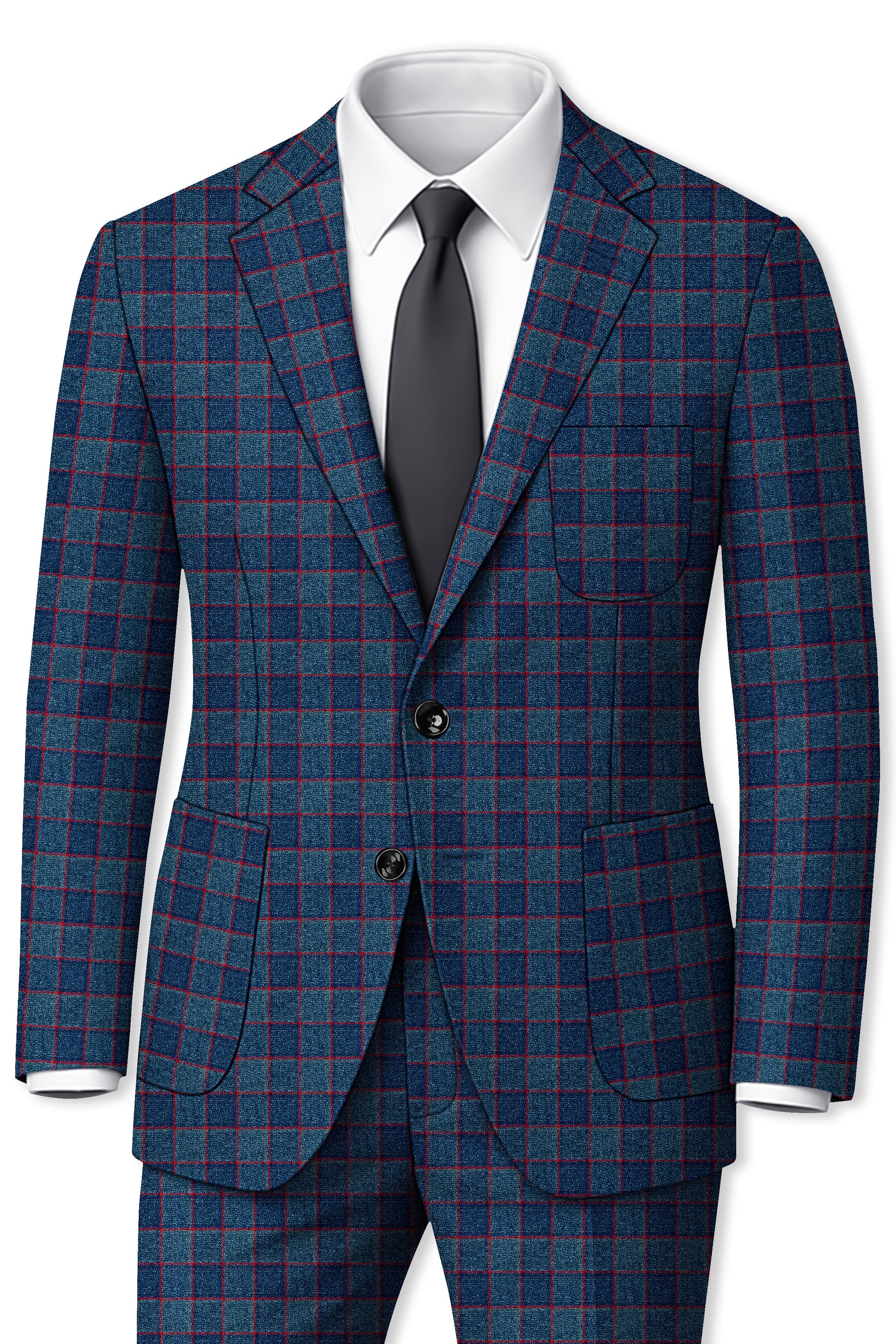 Panevoro-Vintage Blue Windowpane Premium Cotton Single Breasted Sports Suit