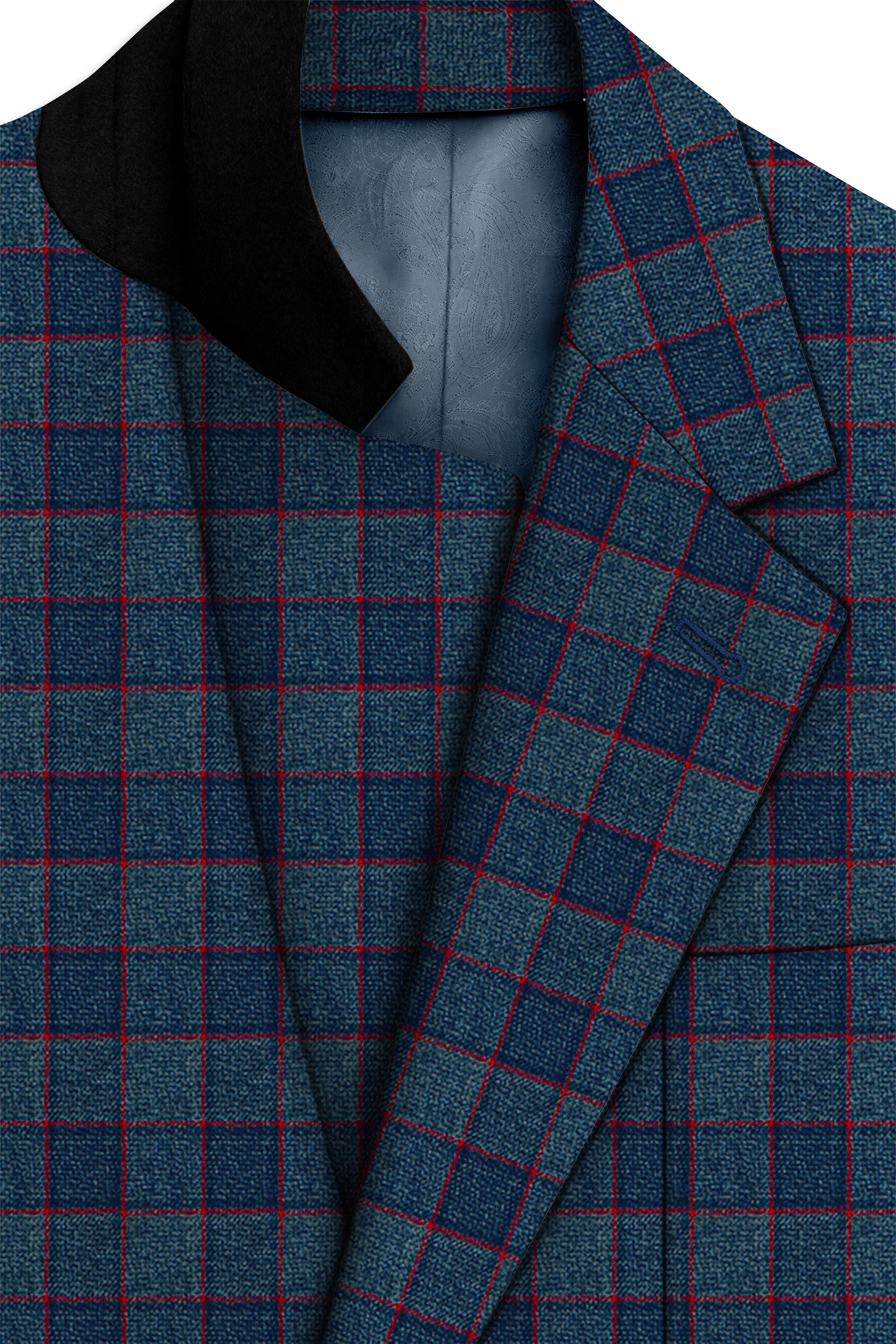 Panevoro-Vintage Blue Windowpane Premium Cotton Single Breasted Sports Suit