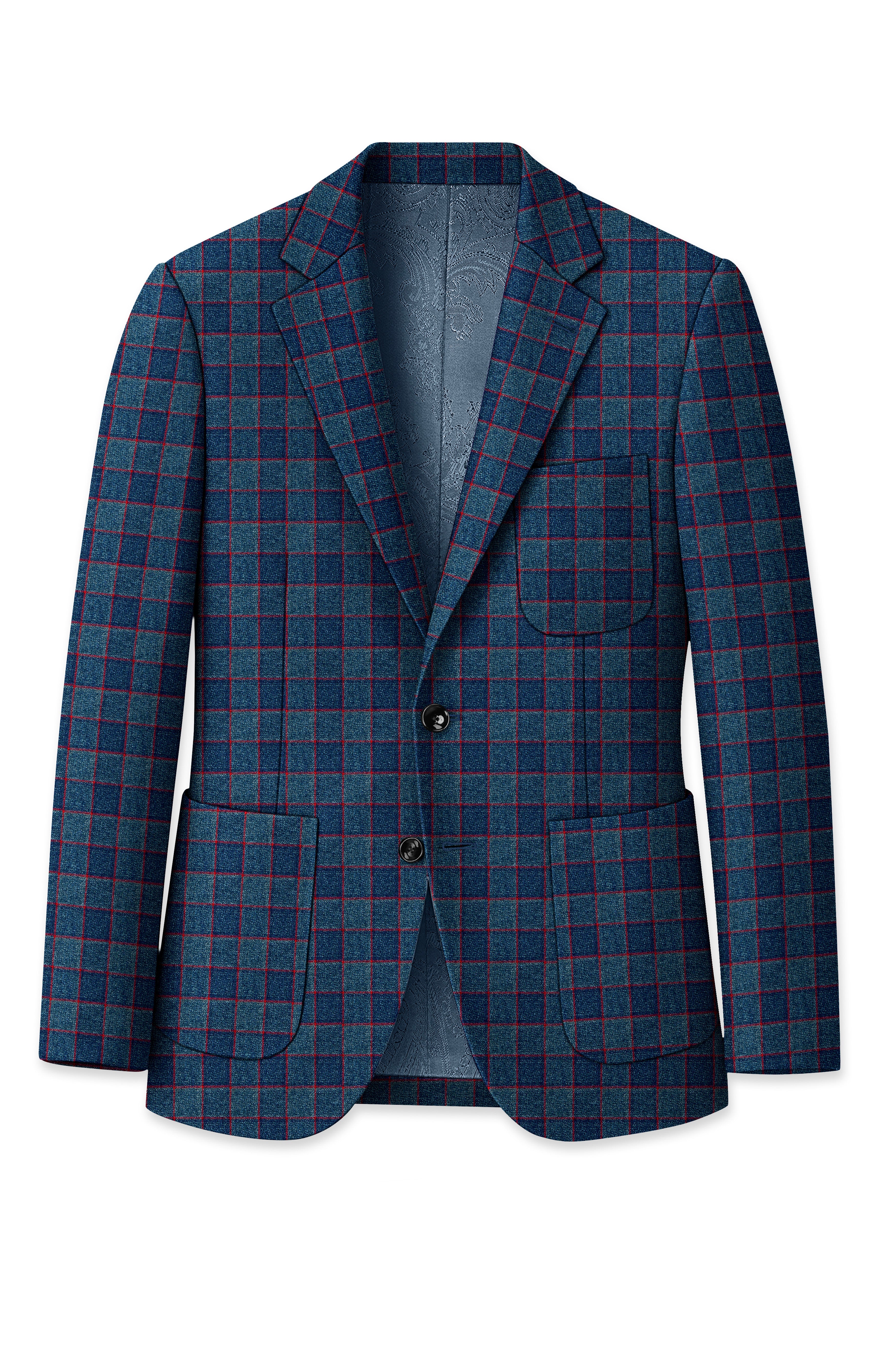 Panevoro-Vintage Blue Windowpane Premium Cotton Single Breasted Sports Suit