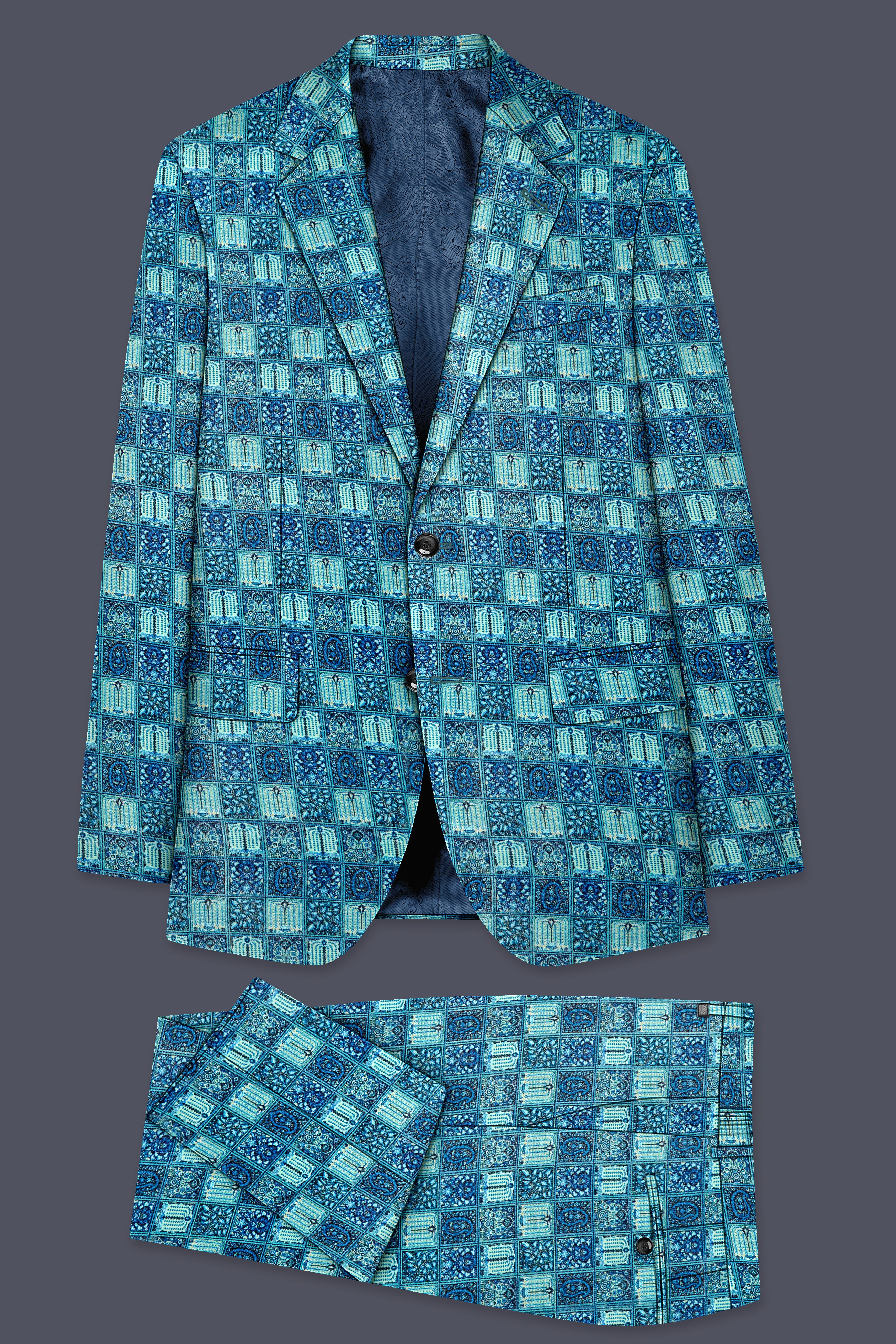 Mosaivoro-Caribbean Blue Geometric Mosaic Printed Velvet Single Breasted Suit