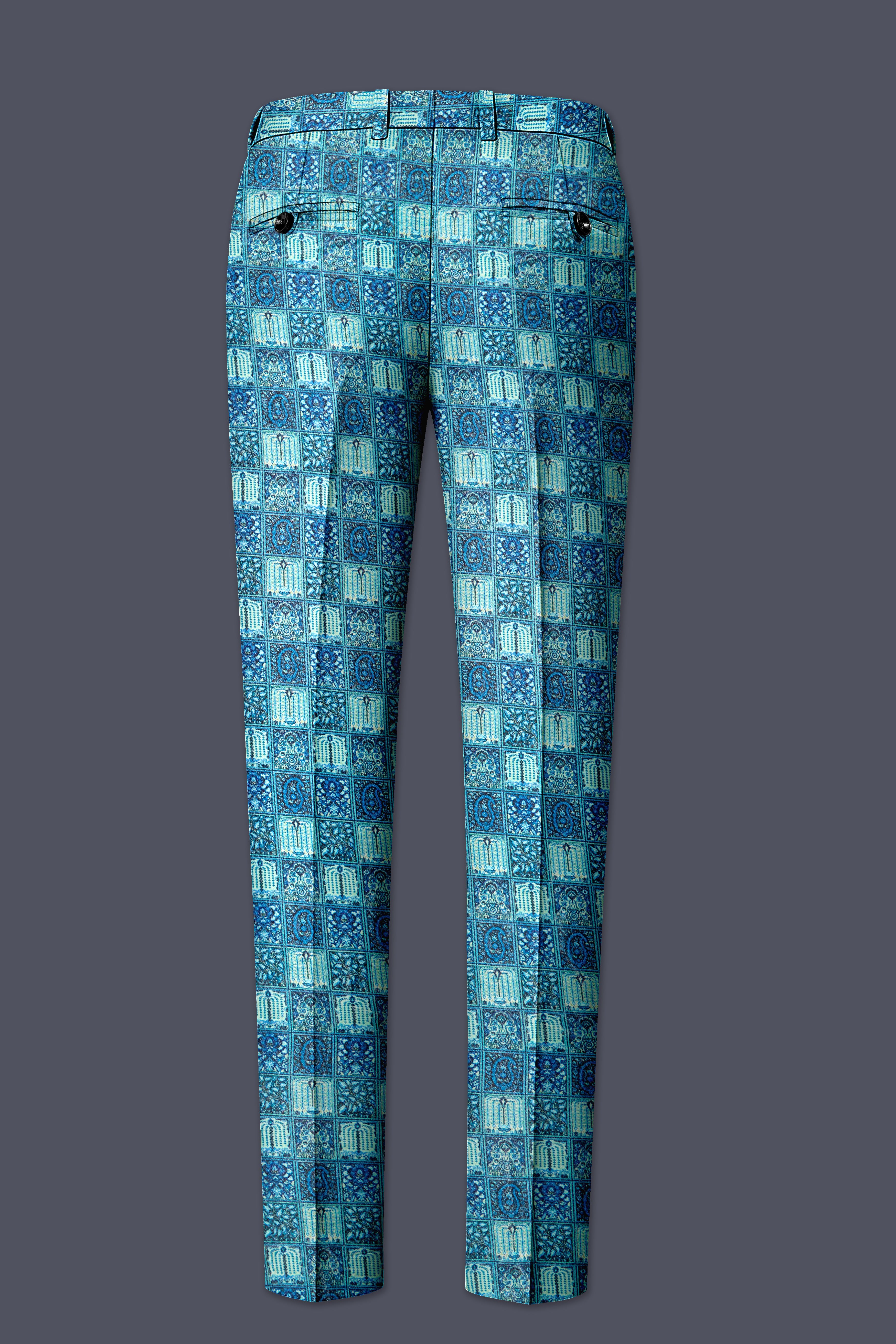 Mosaivoro-Caribbean Blue Geometric Mosaic Printed Velvet Single Breasted Suit