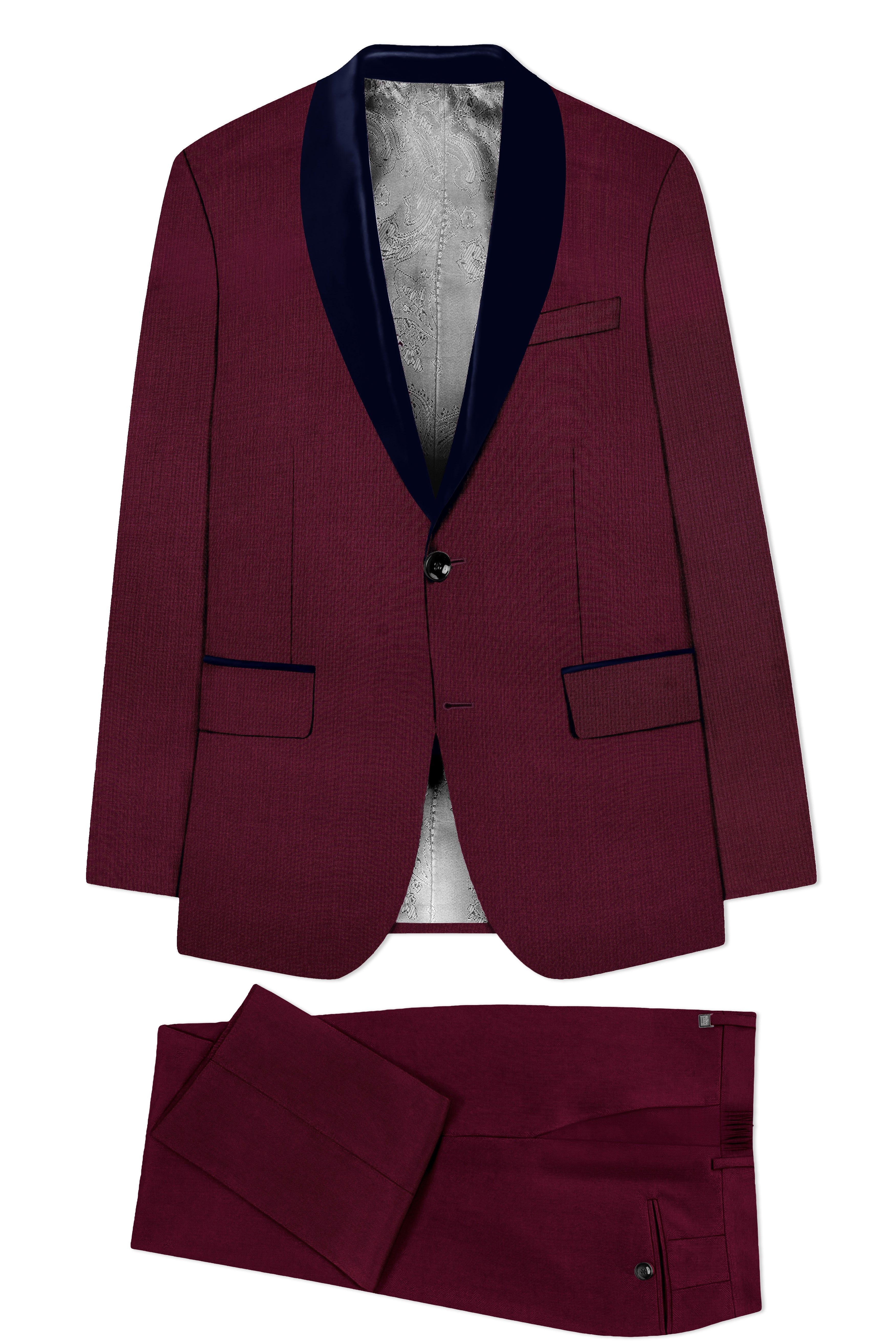 Regal Maroon-Tamarind With Blue Lepal Solid Wool Rich Tuxedo Suit