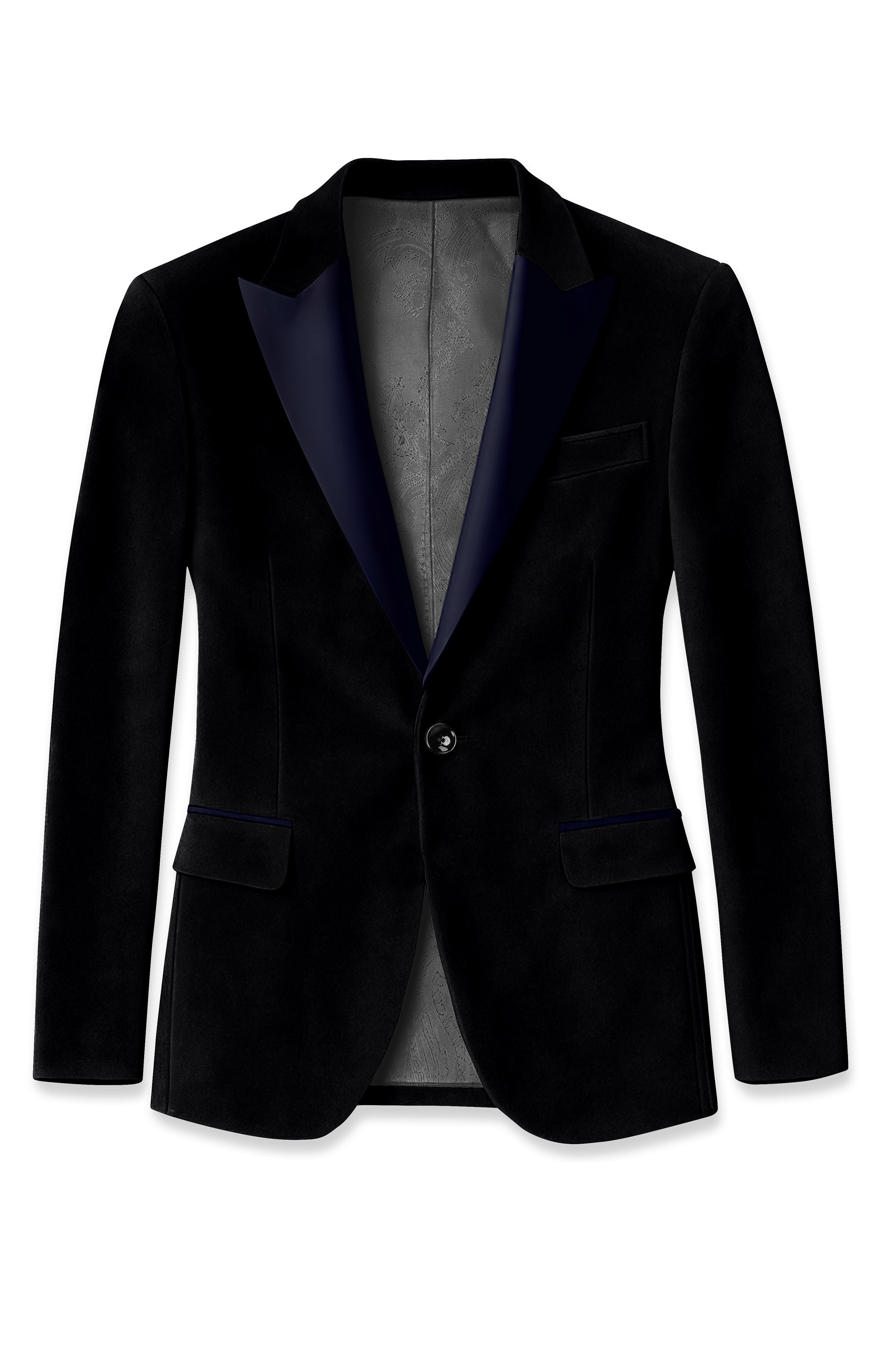 Jadevel-Jade Black With Blue Peak Lepal Velvet Tuxedo Suit