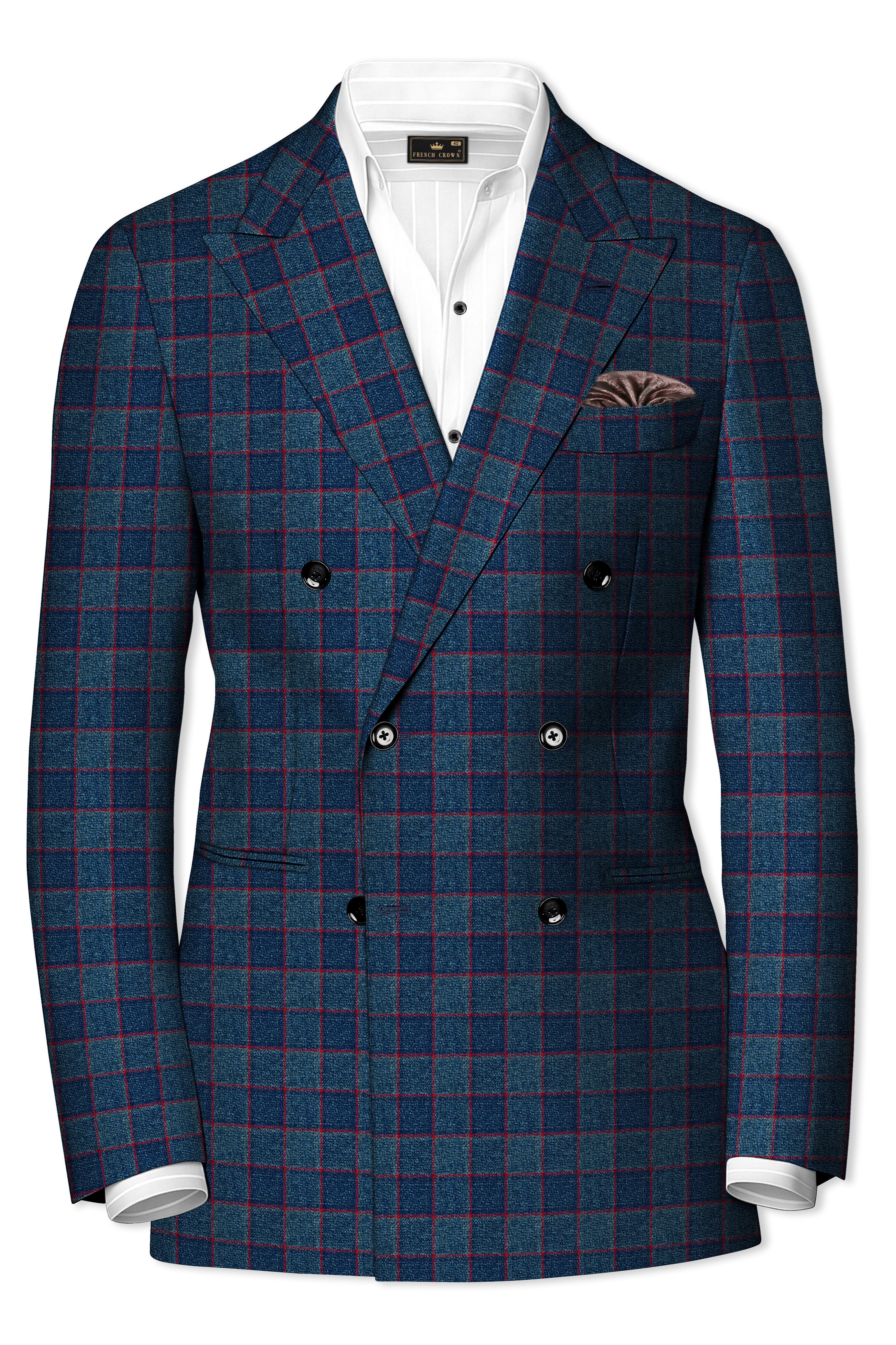 Panevoro-Vintage Blue Windowpane Premium Cotton Double Breasted Suit
