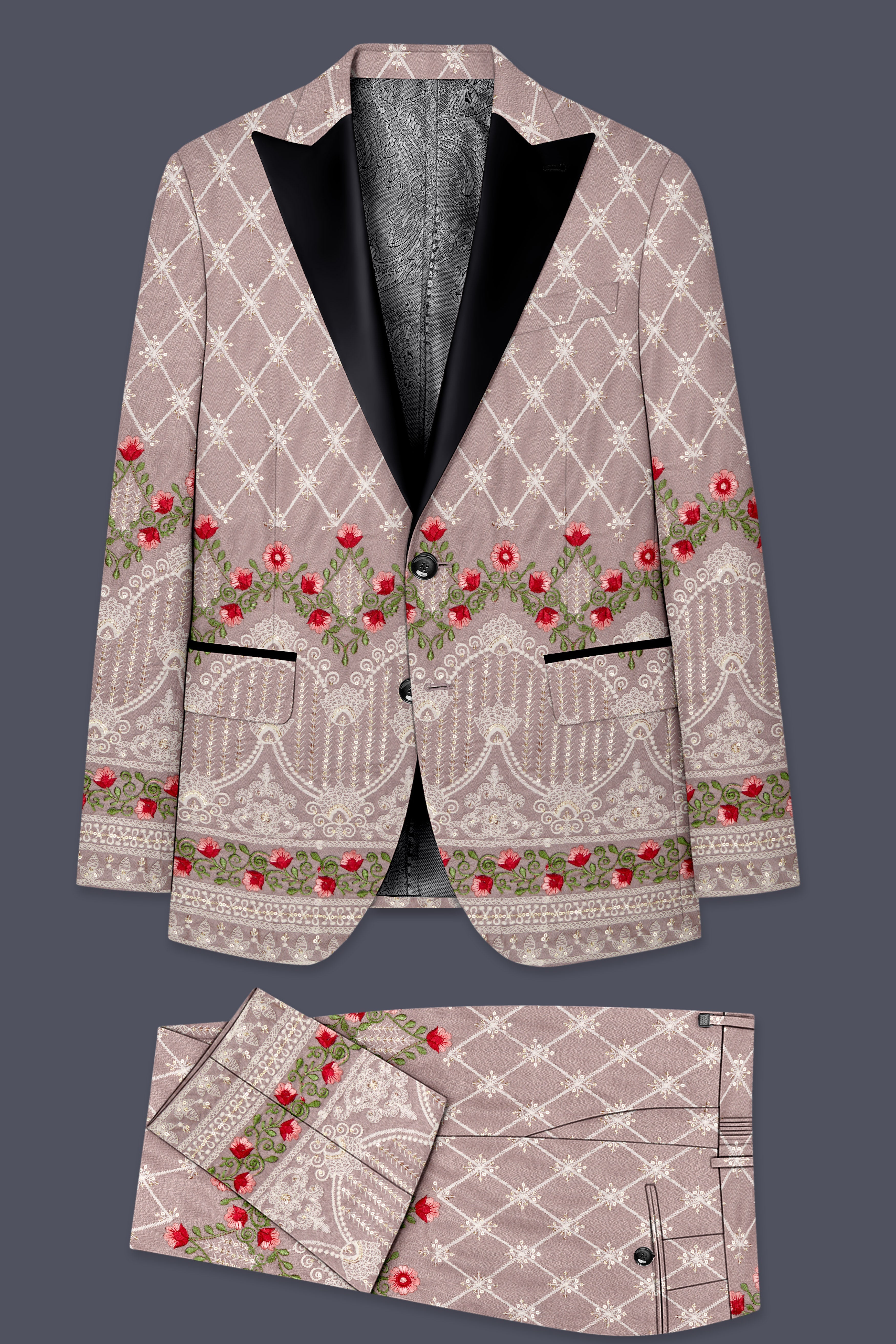 Luminza-Martini Cream Merlot Red Multicolour Thread and Sequin Embroidered Designer Peak Lapel Tuxedo Suit