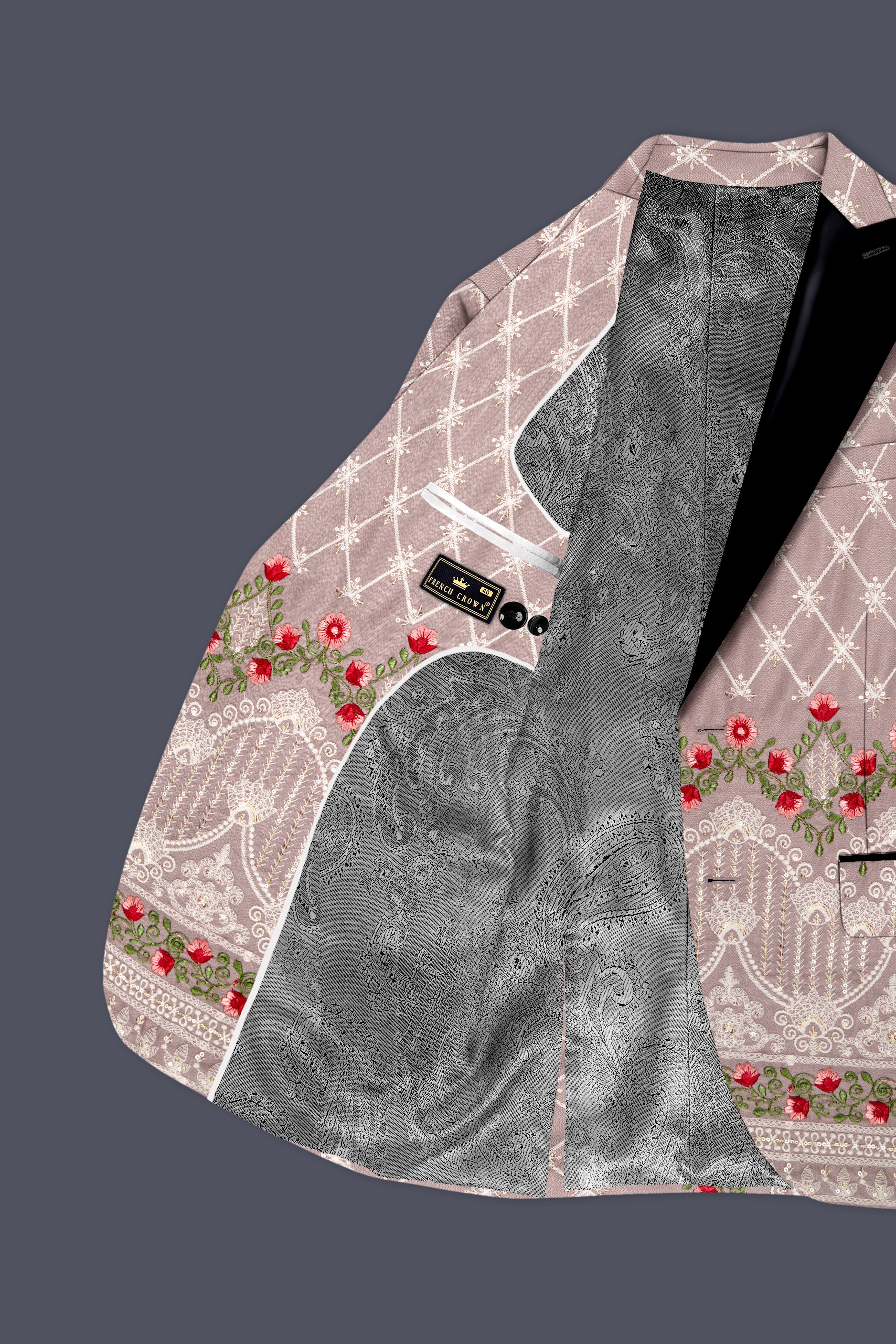 Luminza-Martini Cream Merlot Red Multicolour Thread and Sequin Embroidered Designer Peak Lapel Tuxedo Suit