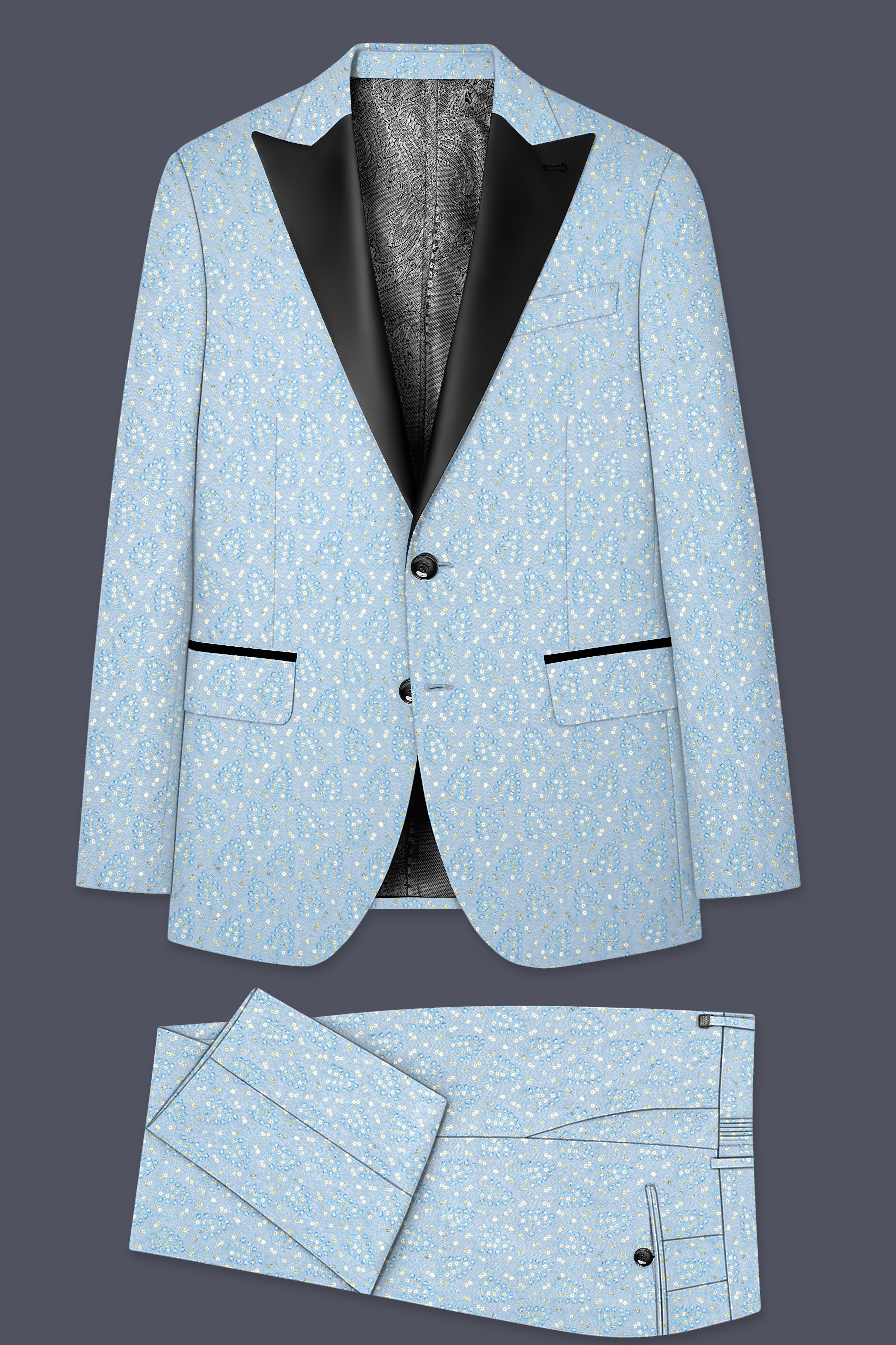 Azurora-Carolina Blue Thread and Sequin Embroidered Designer Peak Lapel Tuxedo Suit