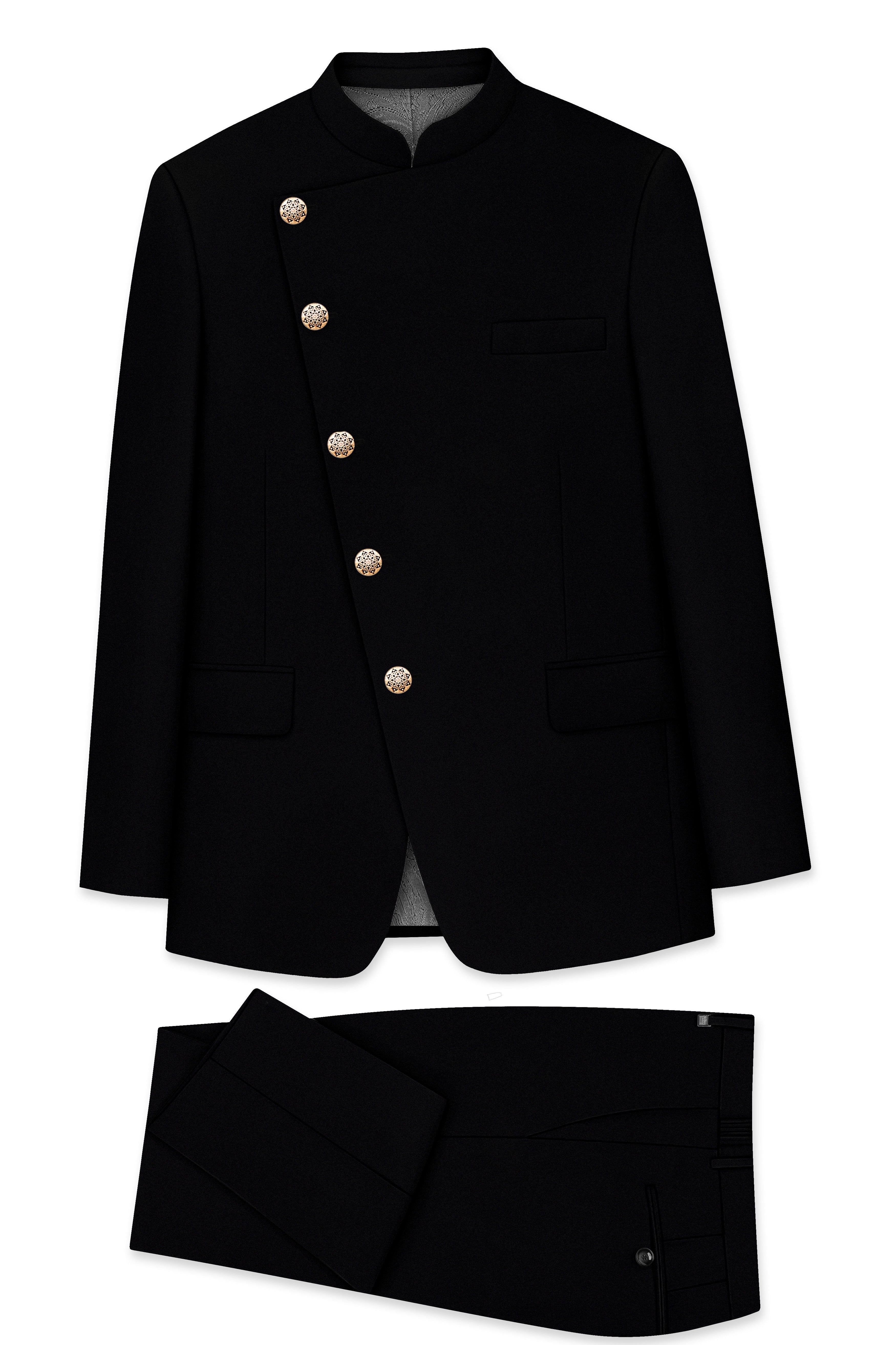 Kuro-Japanese Jade Black 4-Way Stretch Wrinkle-Free Wool Rich Cross Placket Bandhgala Suit