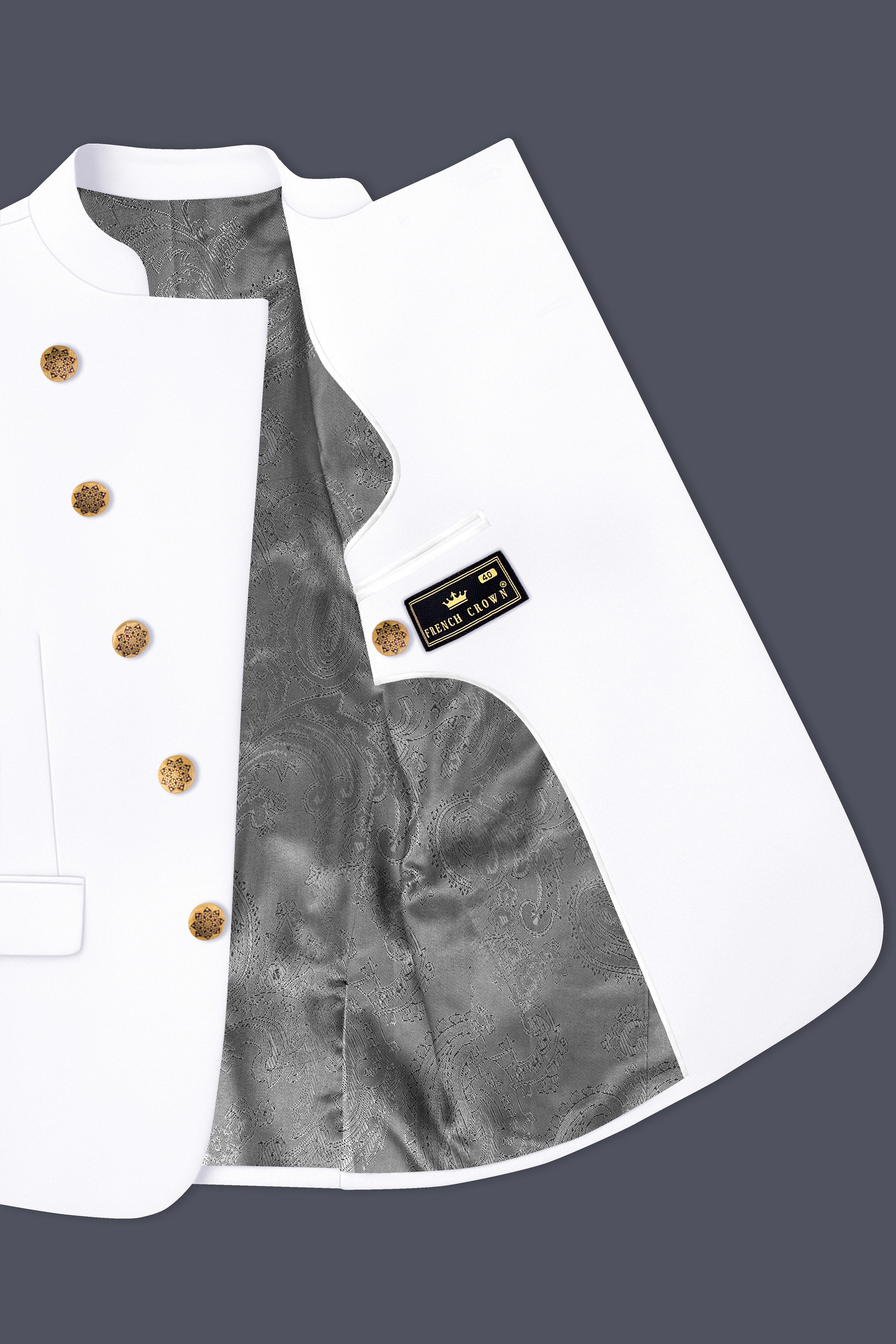 Shiro-Japanese Bright White 4-Way Stretch Wrinkle-Free Wool Rich Cross Placket Bandhgala Suit