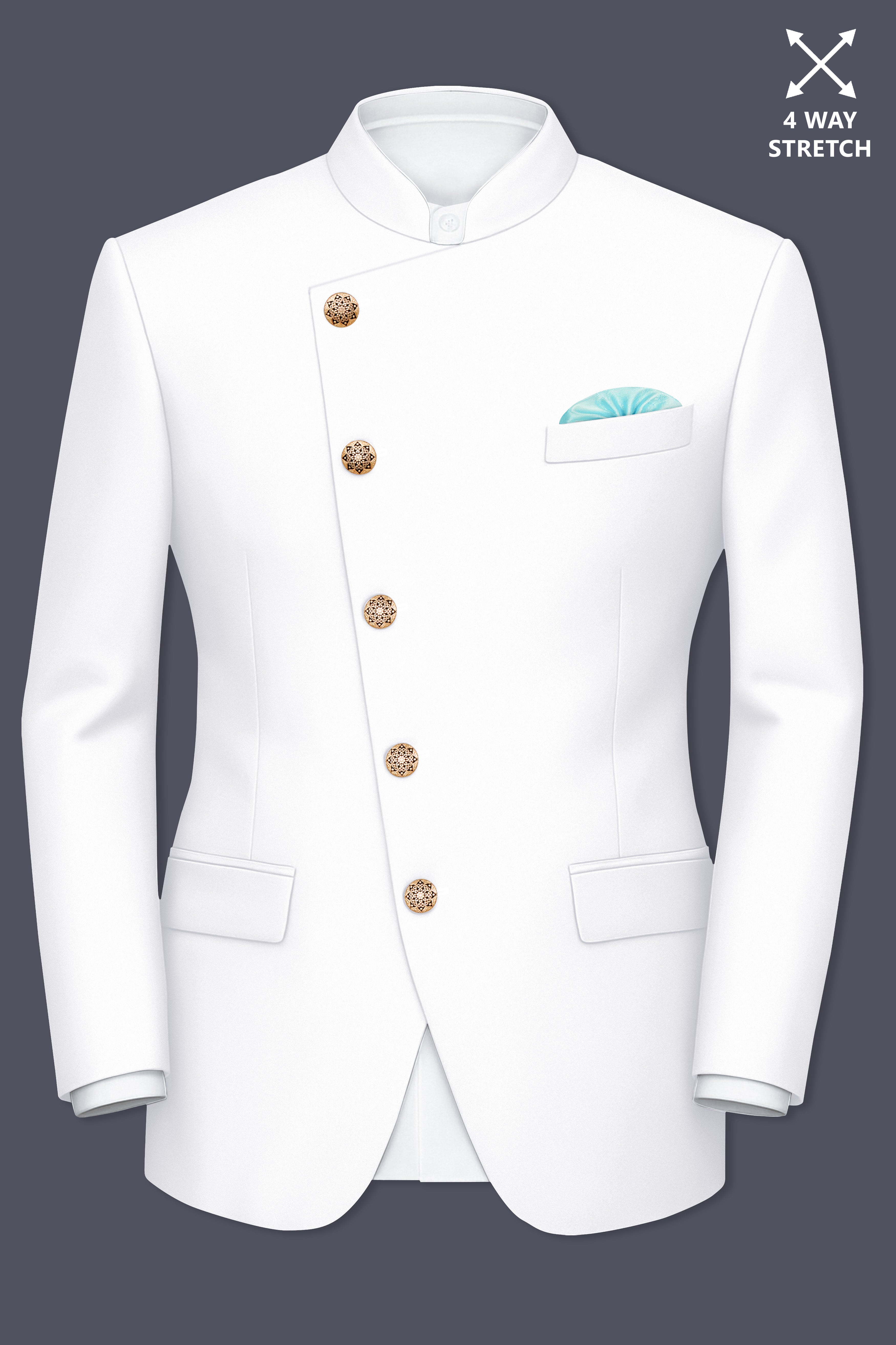Shiro-Japanese Bright White 4-Way Stretch Wrinkle-Free Wool Rich Cross Placket Bandhgala Suit