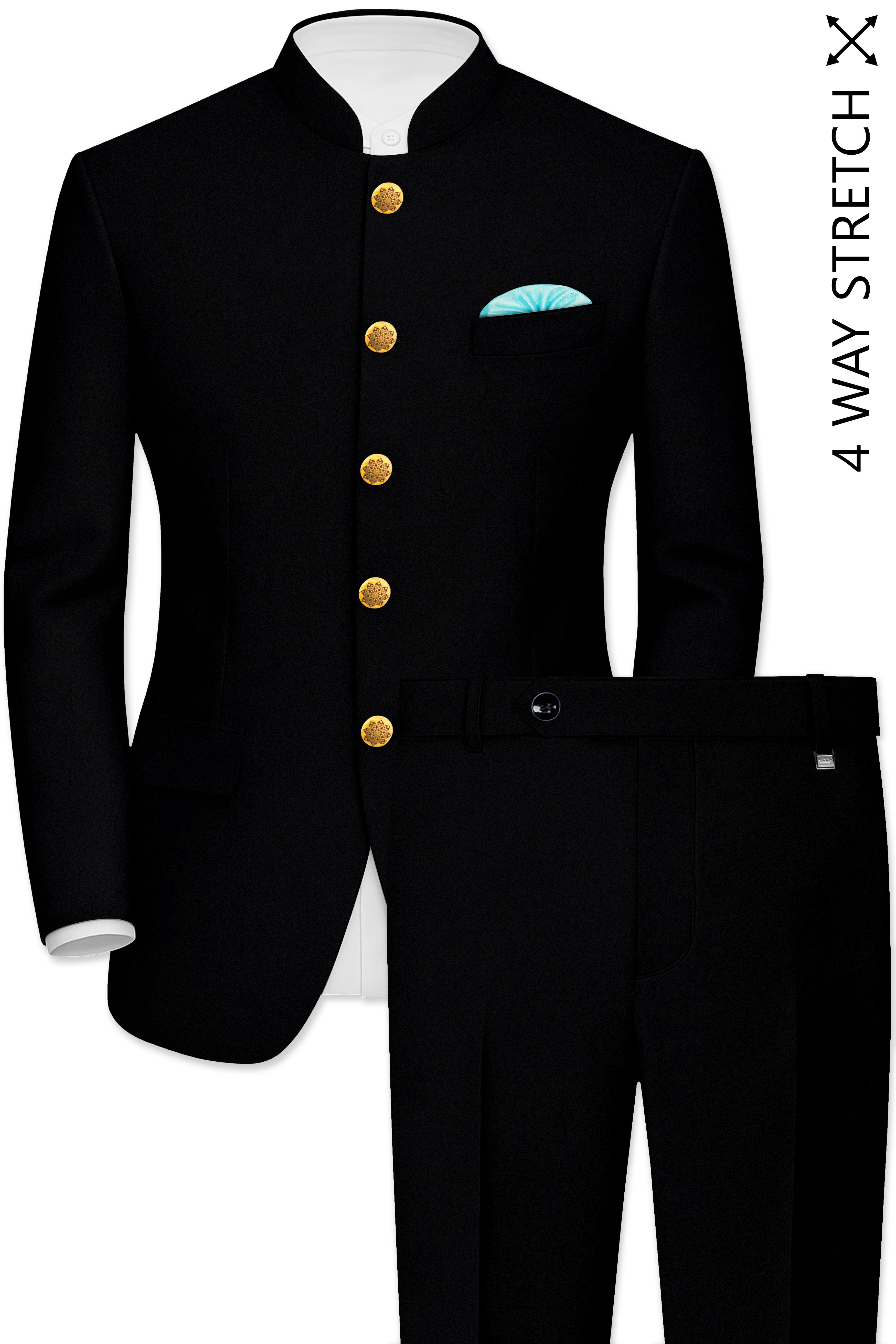 Kuro-Japanese Jade Black 4-Way Stretch Wrinkle-Free Wool Rich Bandhgala Suit