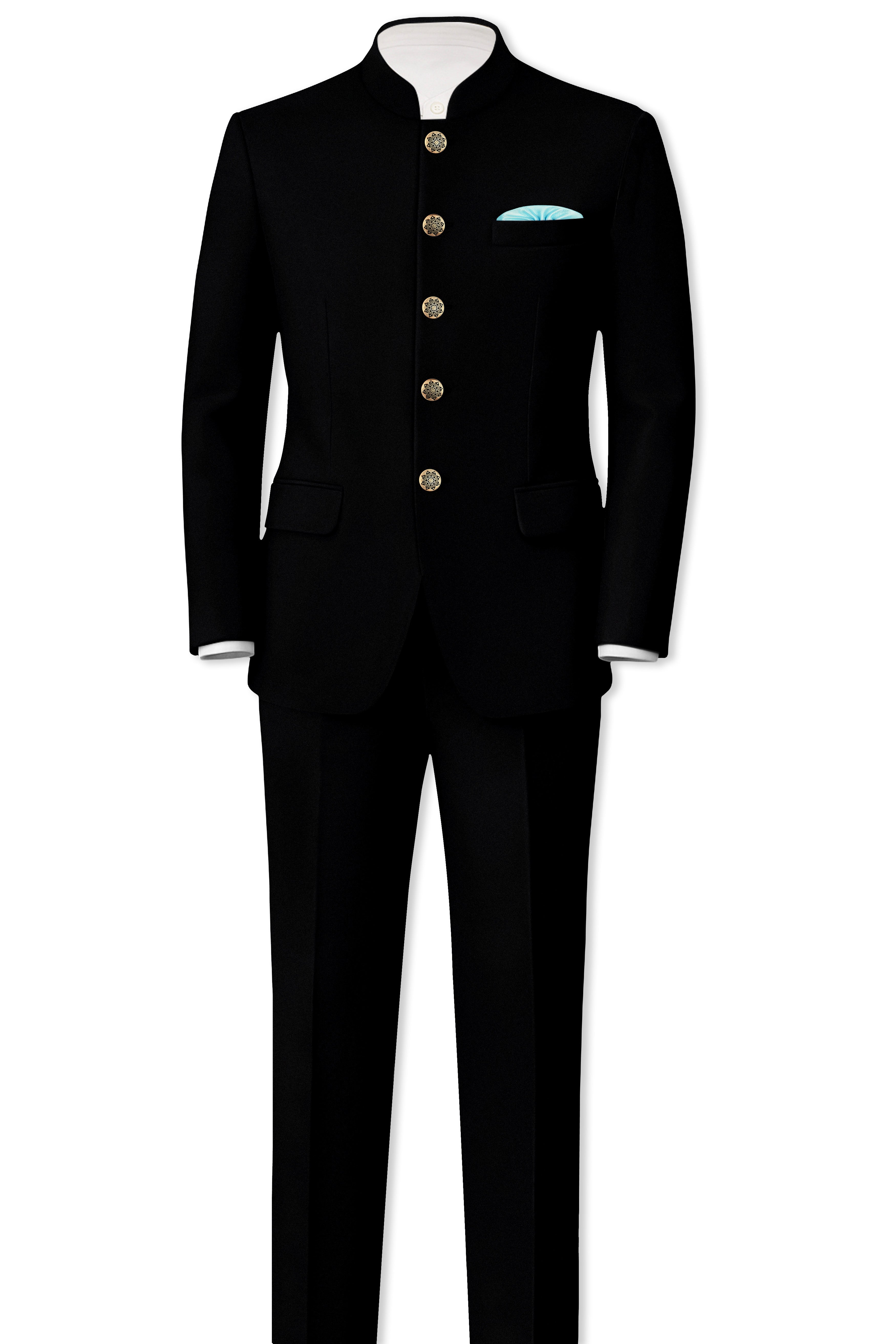 Kuro-Japanese Jade Black 4-Way Stretch Wrinkle-Free Wool Rich Bandhgala Suit