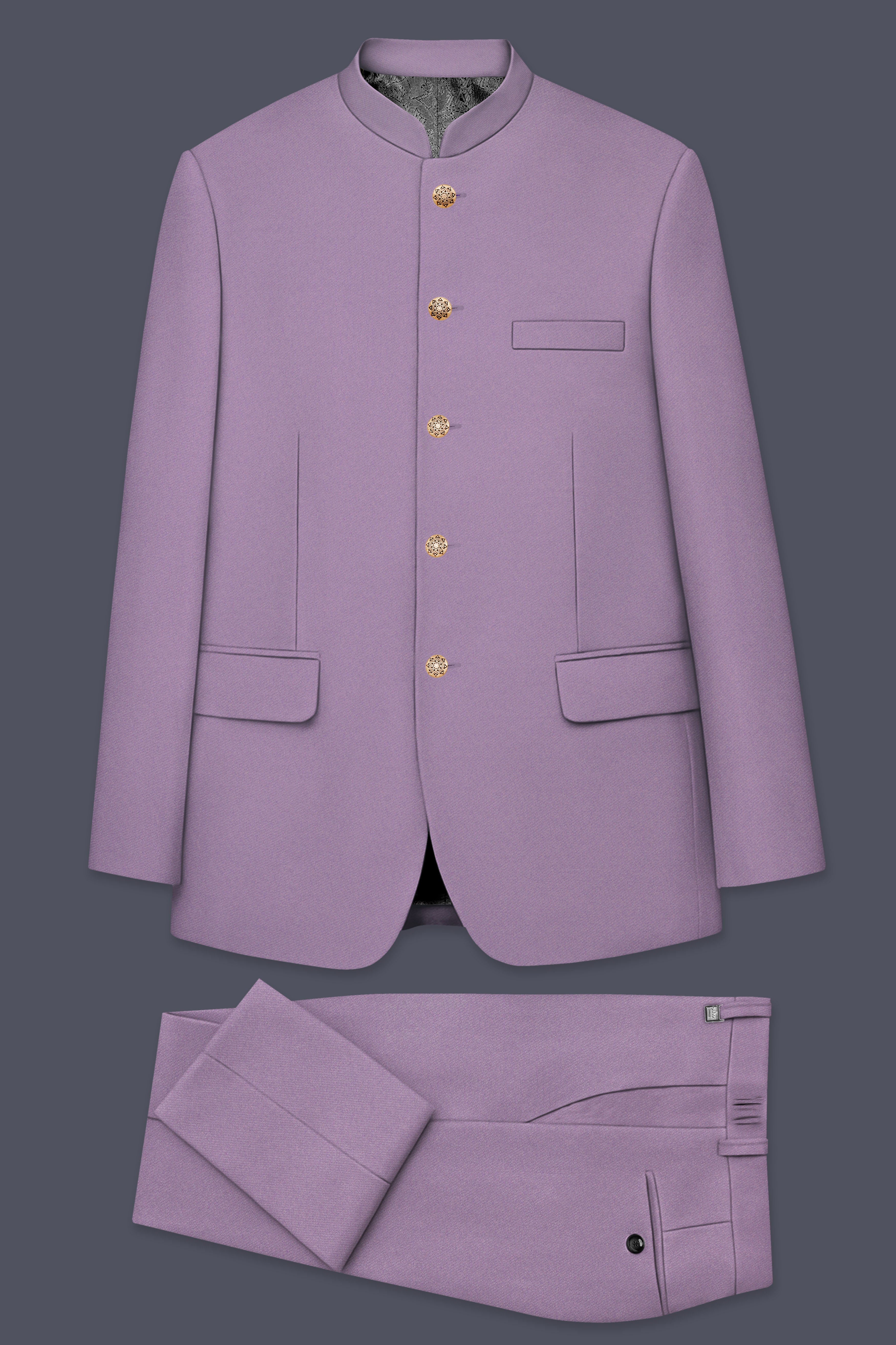 Violeto-Korean Mobster Purple 4-Way Stretch Wool Rich Bandhgala Suit