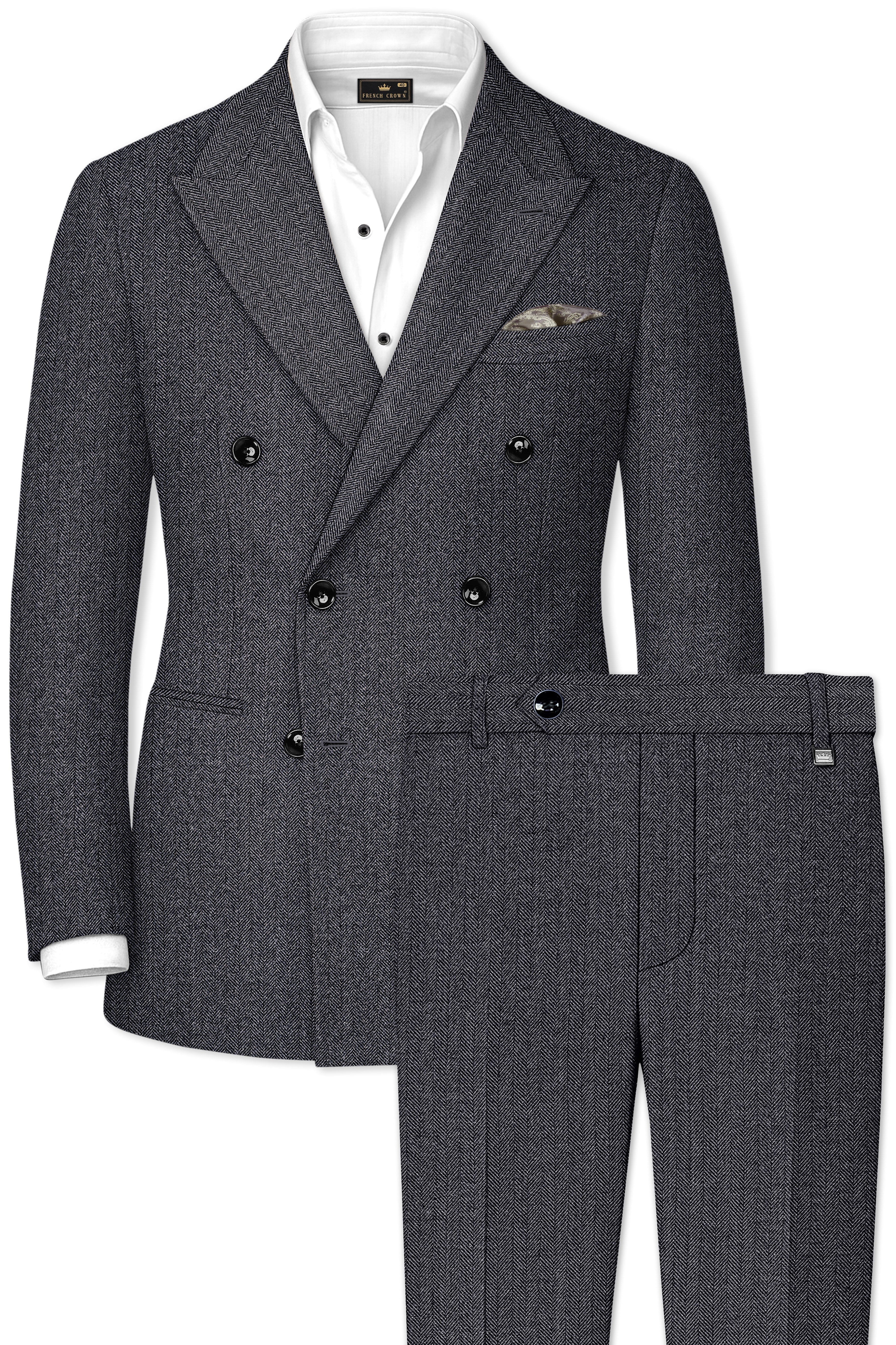 Silvoro-Iridium Gray Herringbone Textured Tweed Double Breasted Suit