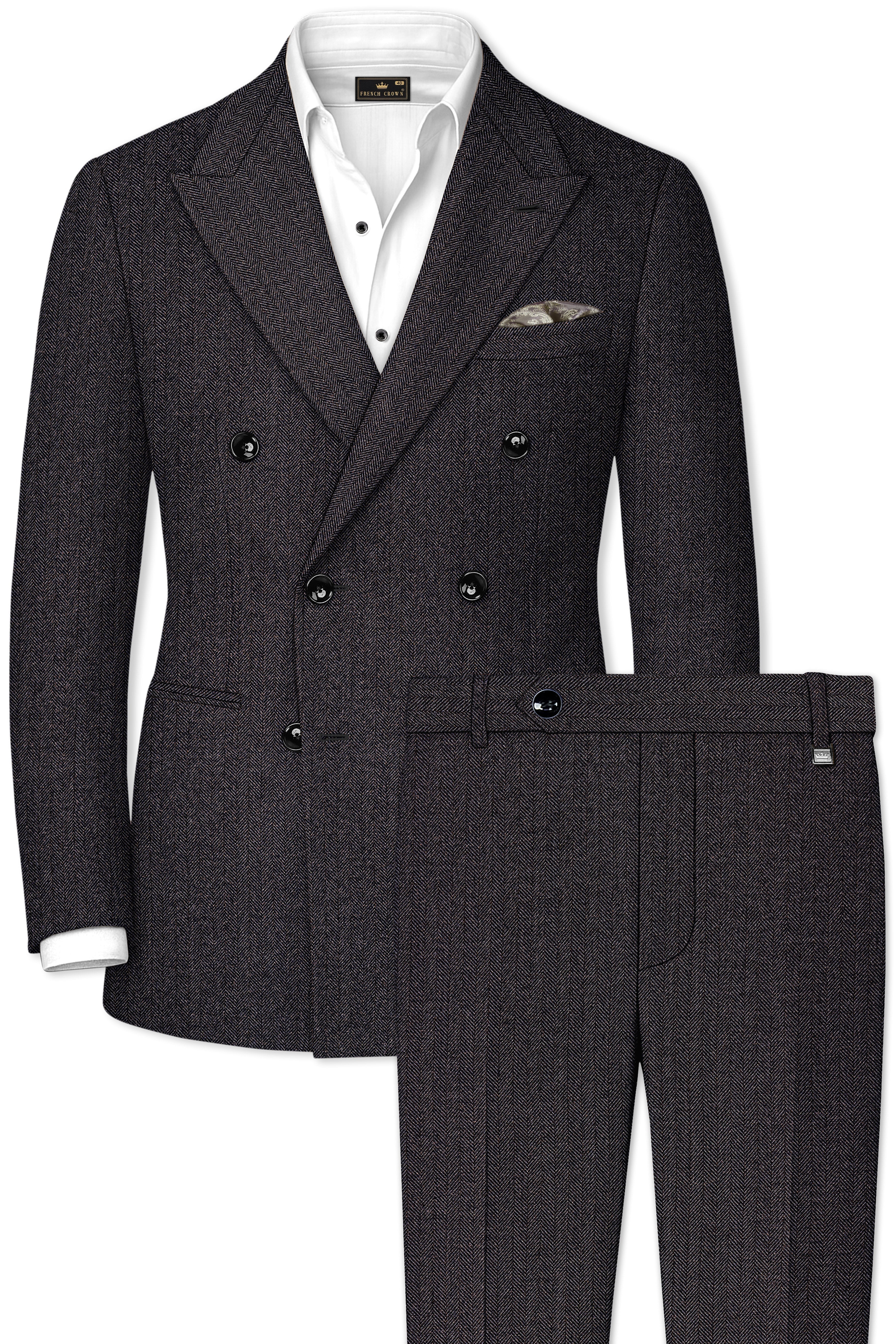 Aurezion-Zeus Brown Herringbone Textured Tweed Double Breasted Suit