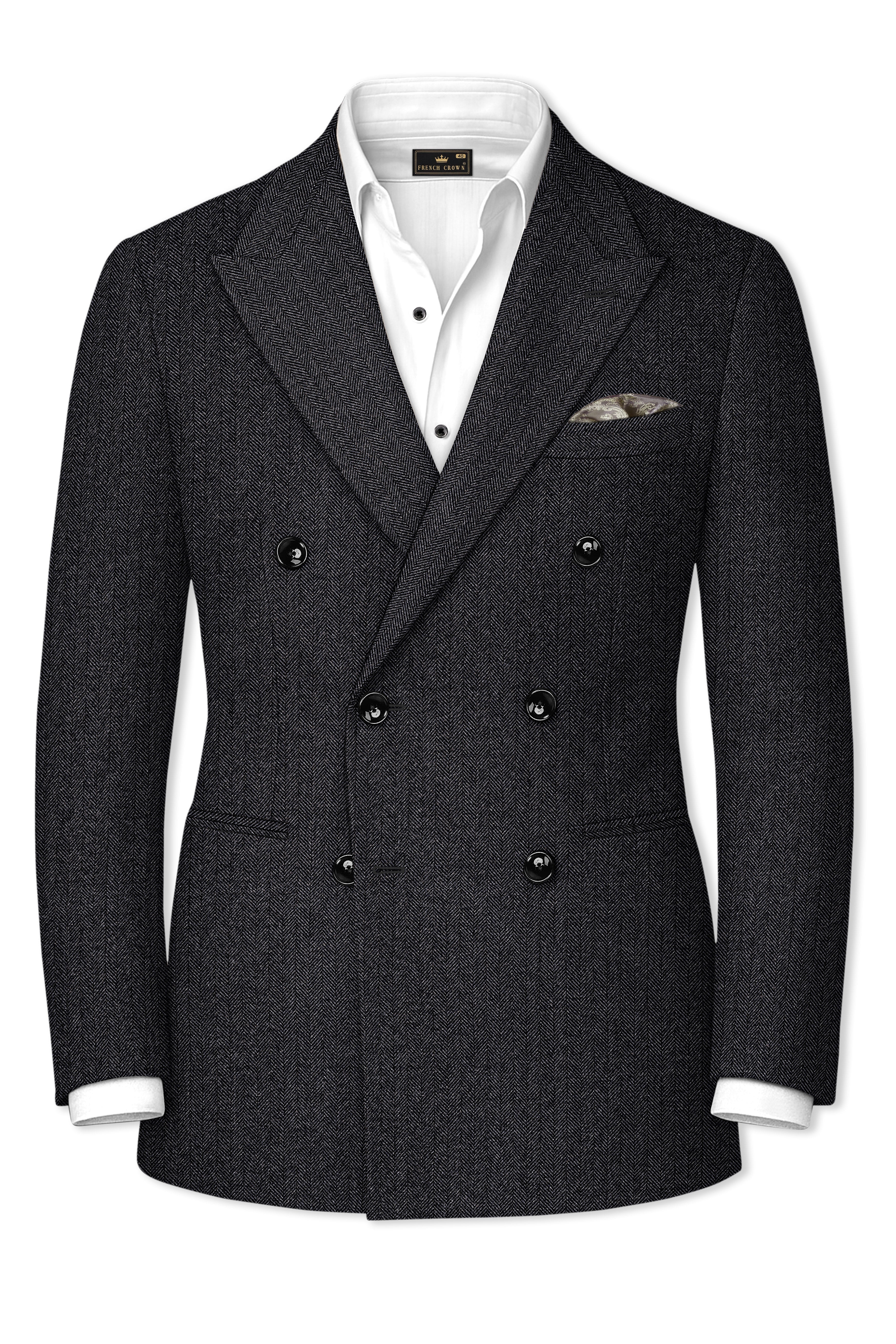 Imperion-Charcoal Gray Herringbone Textured Tweed Double Breasted Suit