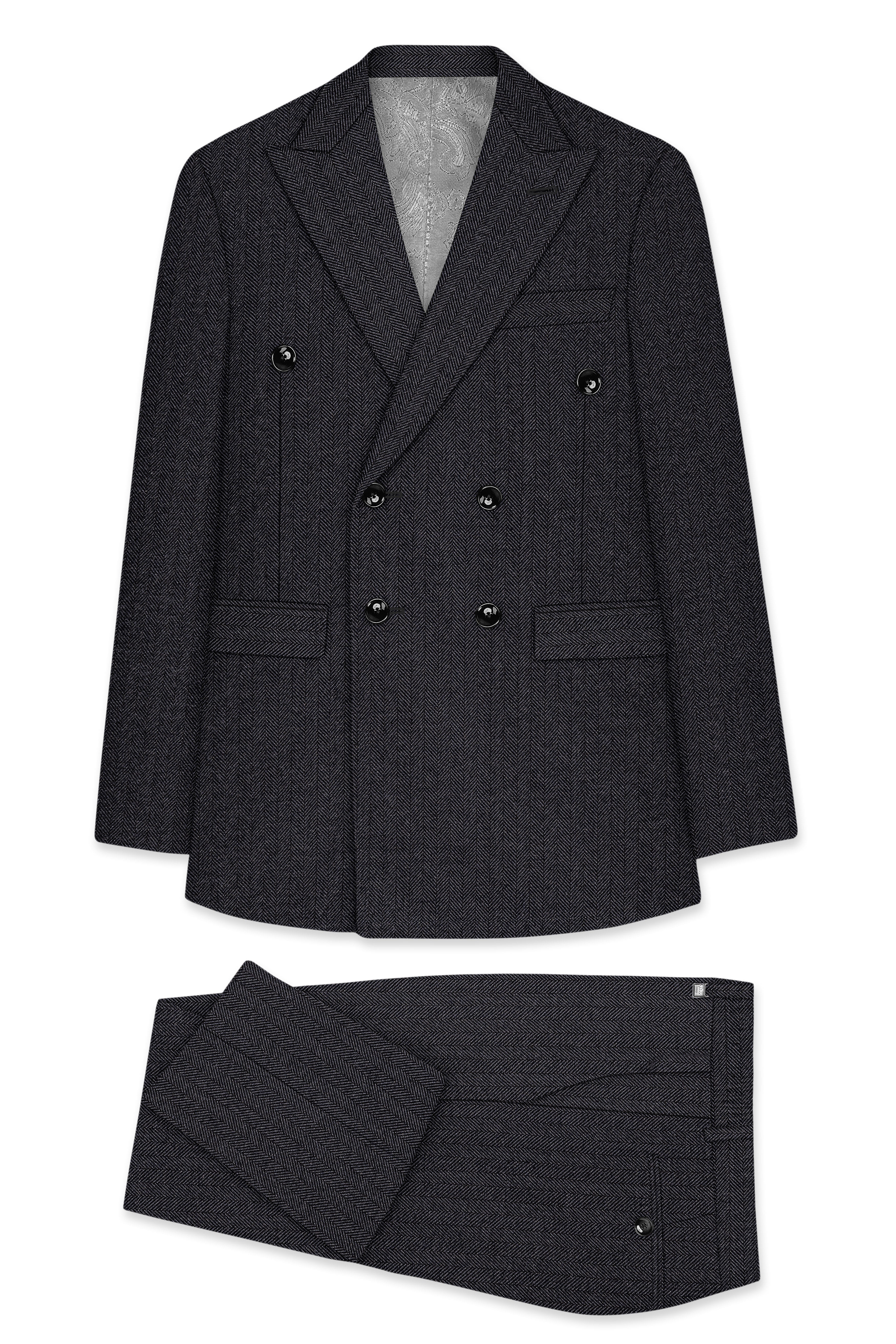 Imperion-Charcoal Gray Herringbone Textured Tweed Double Breasted Suit