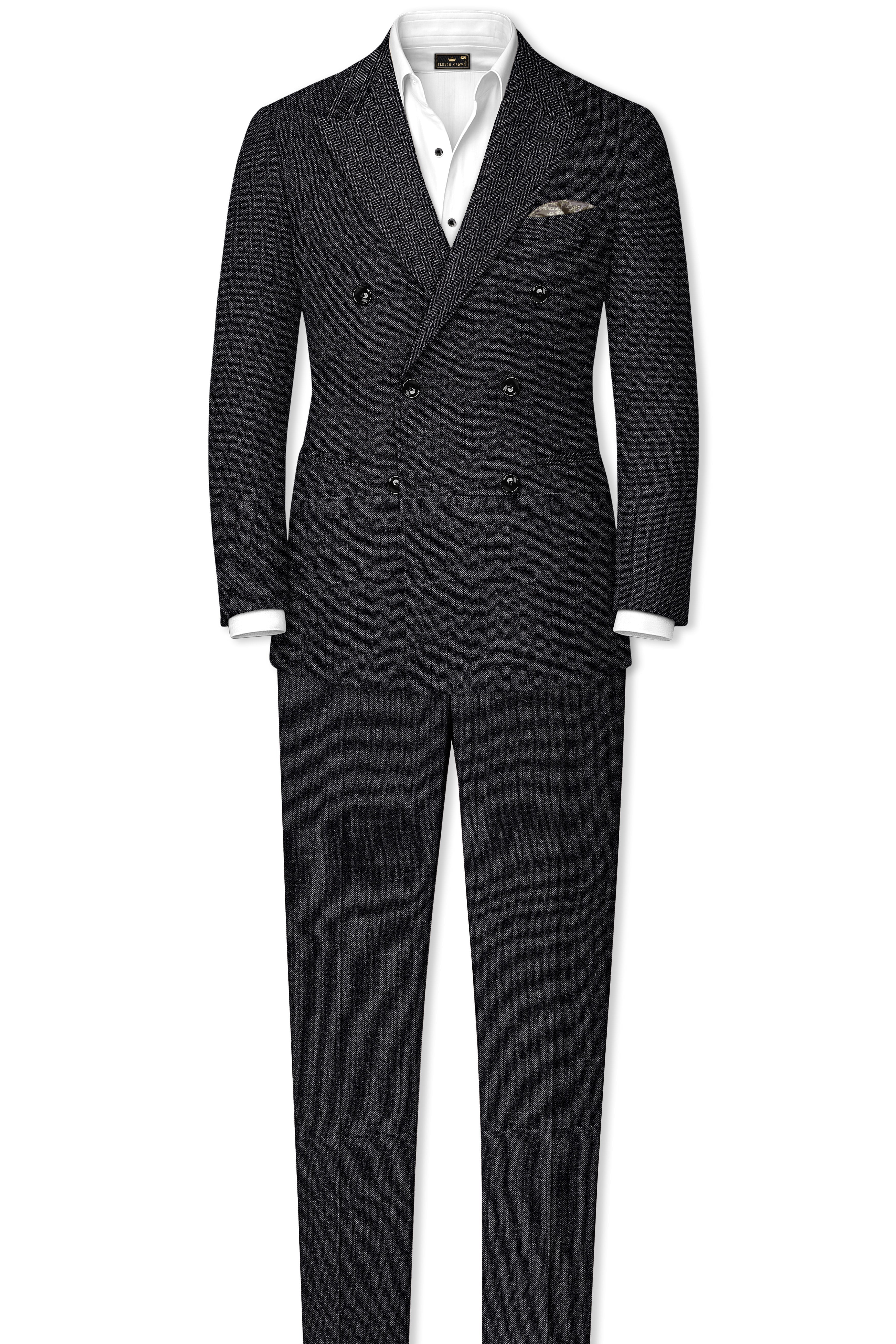 Imperion-Charcoal Gray Herringbone Textured Tweed Double Breasted Suit