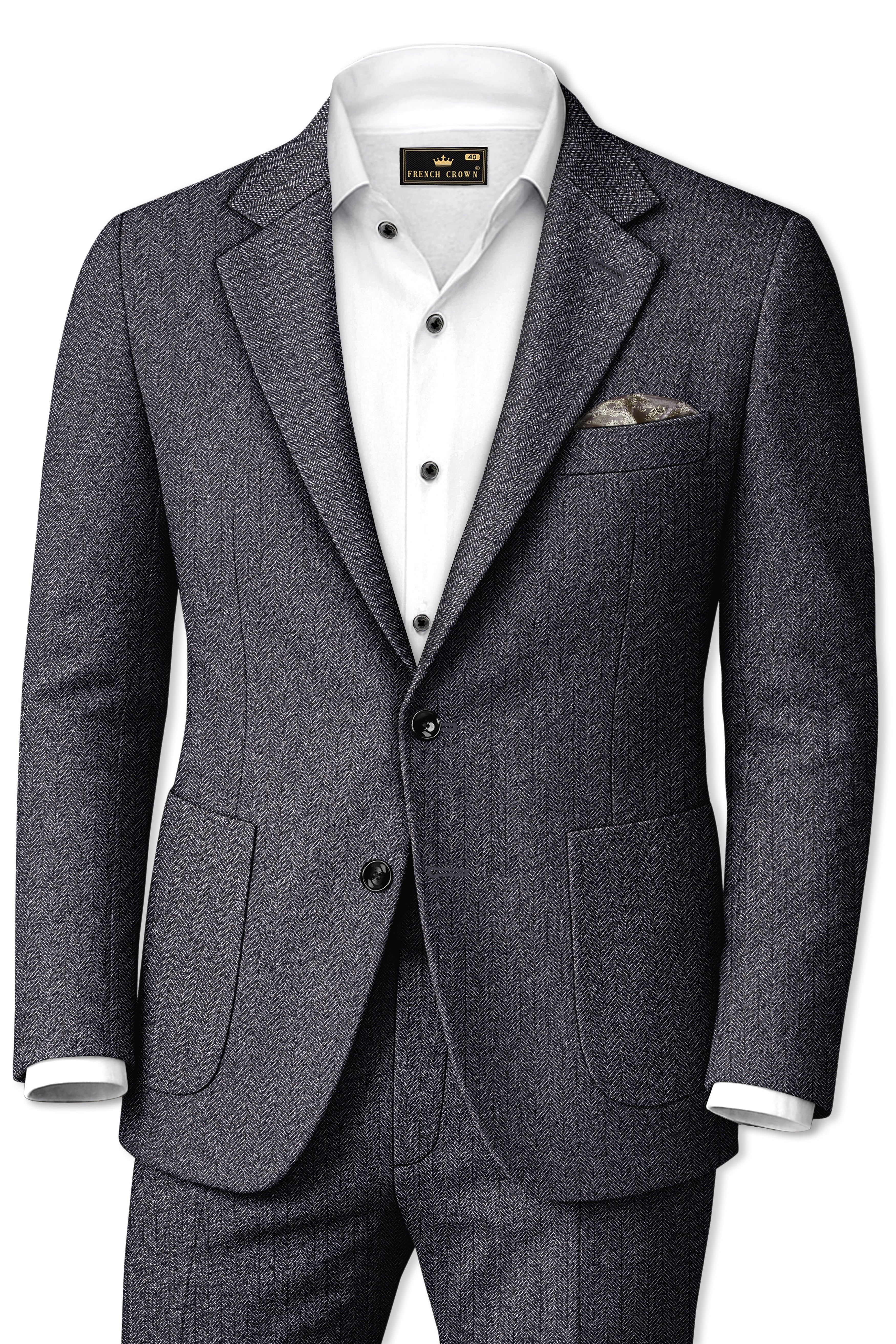 Silvoro-Iridium Gray Herringbone Textured Tweed Single Breasted Sports Suit