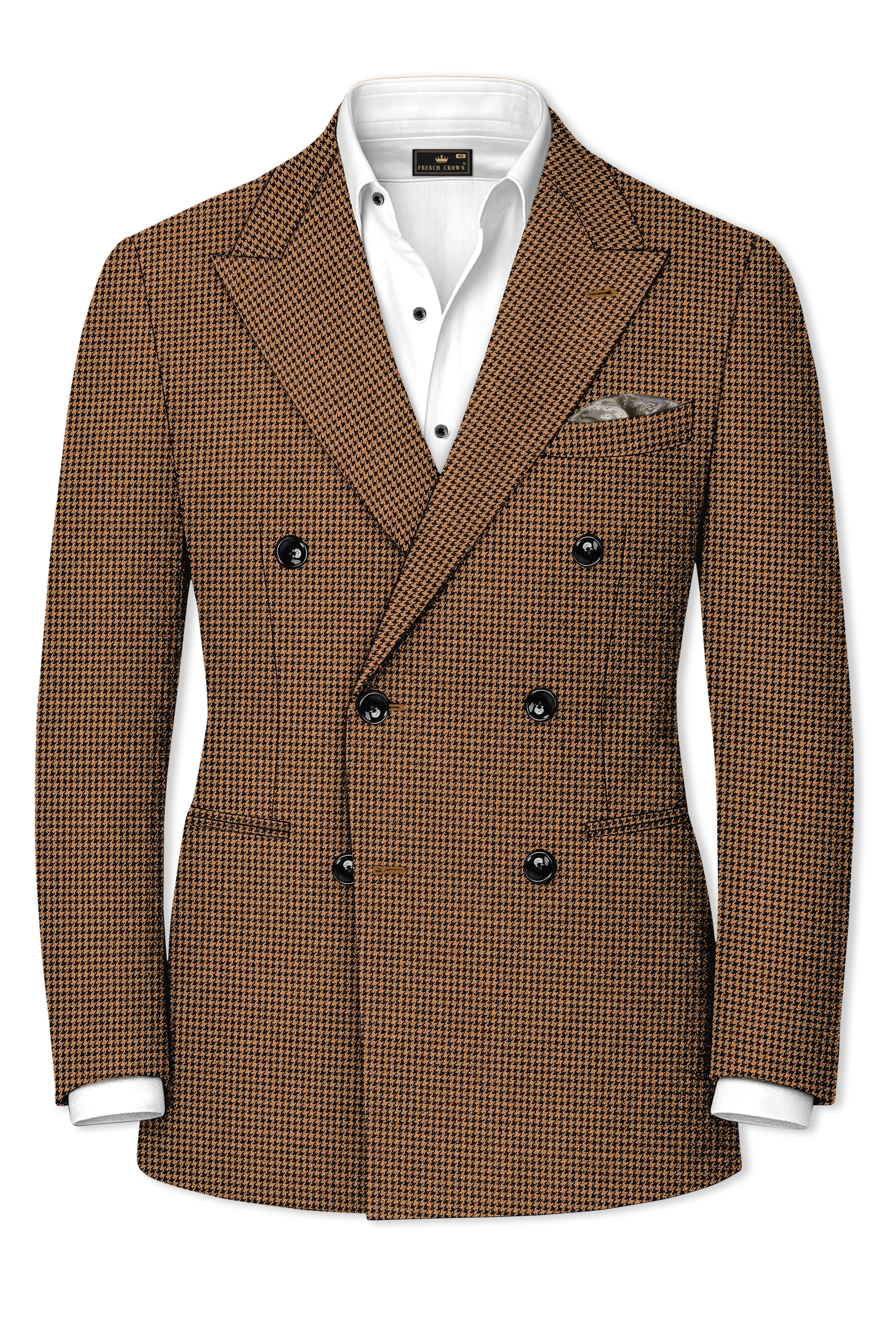 Regalis-Rope Brown Classic Houndstooth Textured Tweed Double Breasted Suit