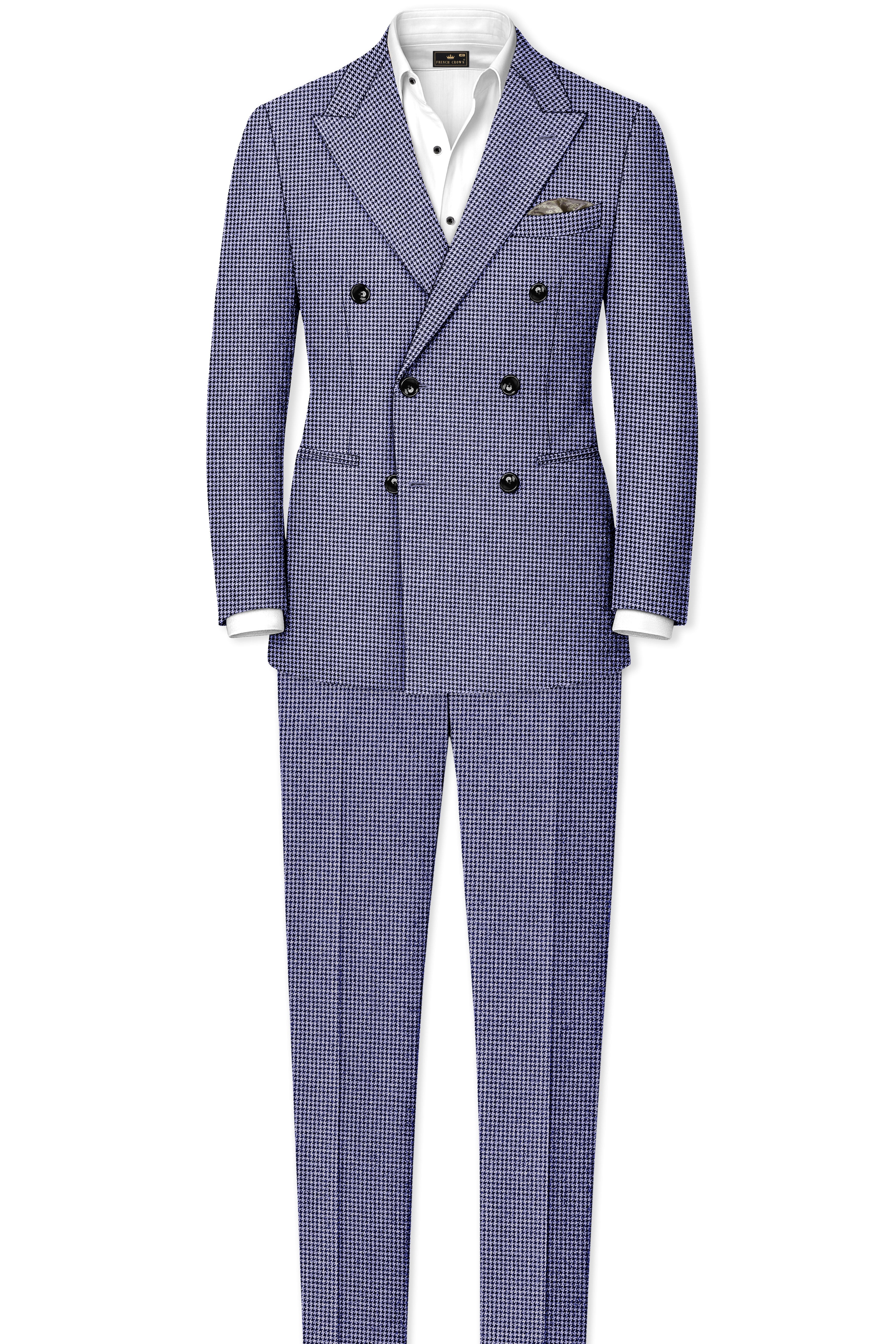 Dusk-Mulled Blue Classic Houndstooth Textured Tweed Double Breasted Suit