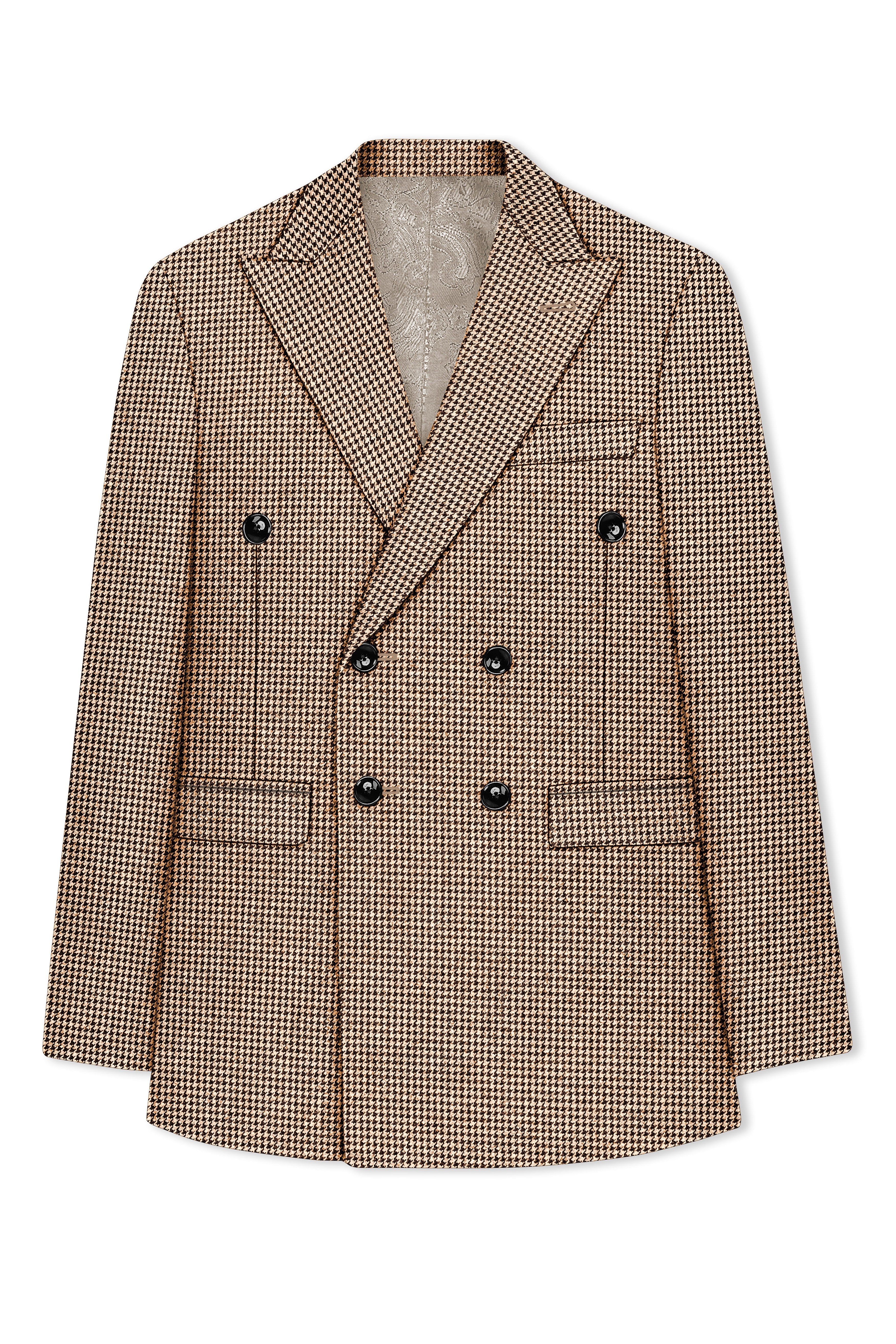 Scholar-Mocha Brown Classic Houndstooth Textured Tweed Double Breasted Suit