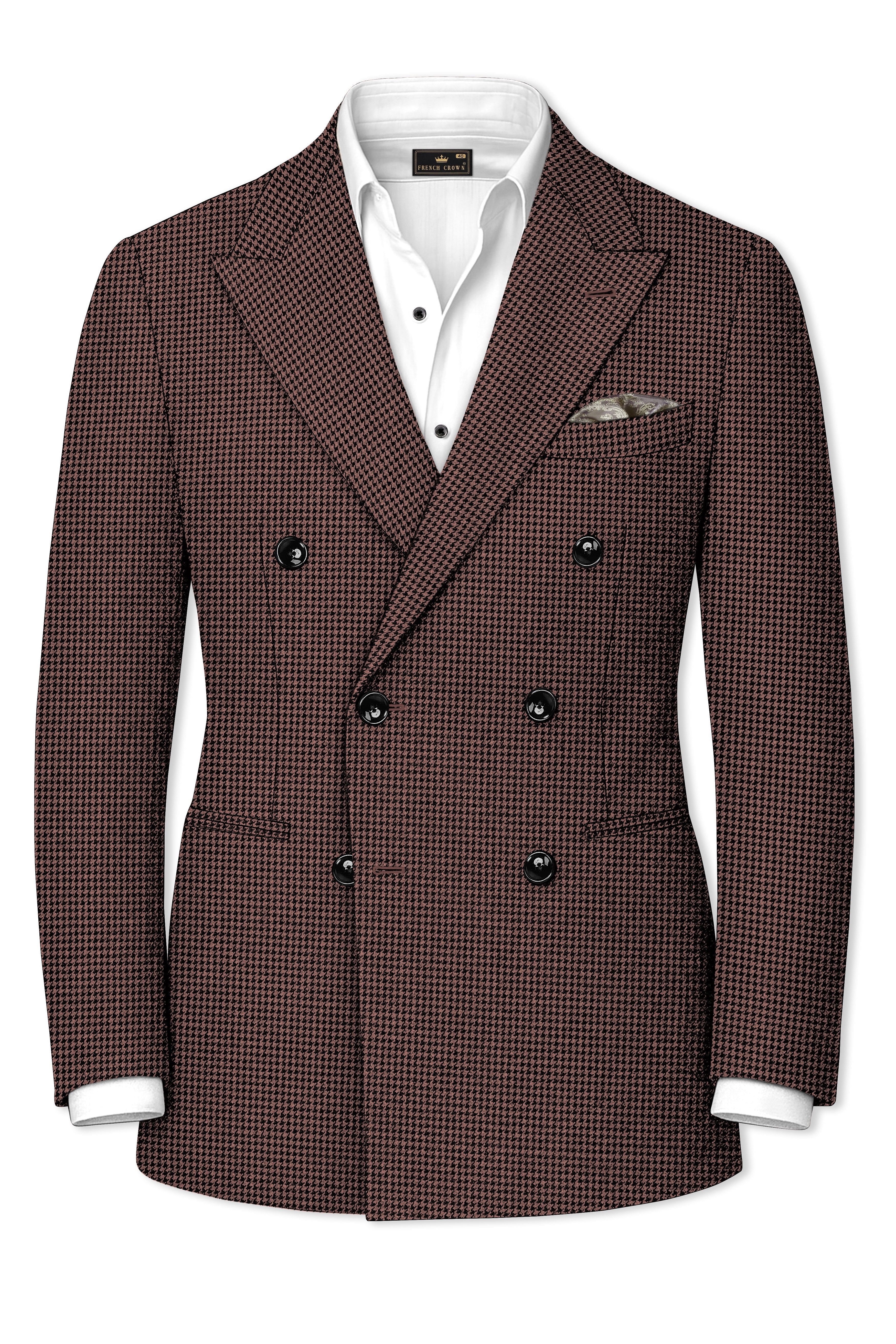 Sylvan-Woody Brown Classic Houndstooth Textured Tweed Double Breasted Suit
