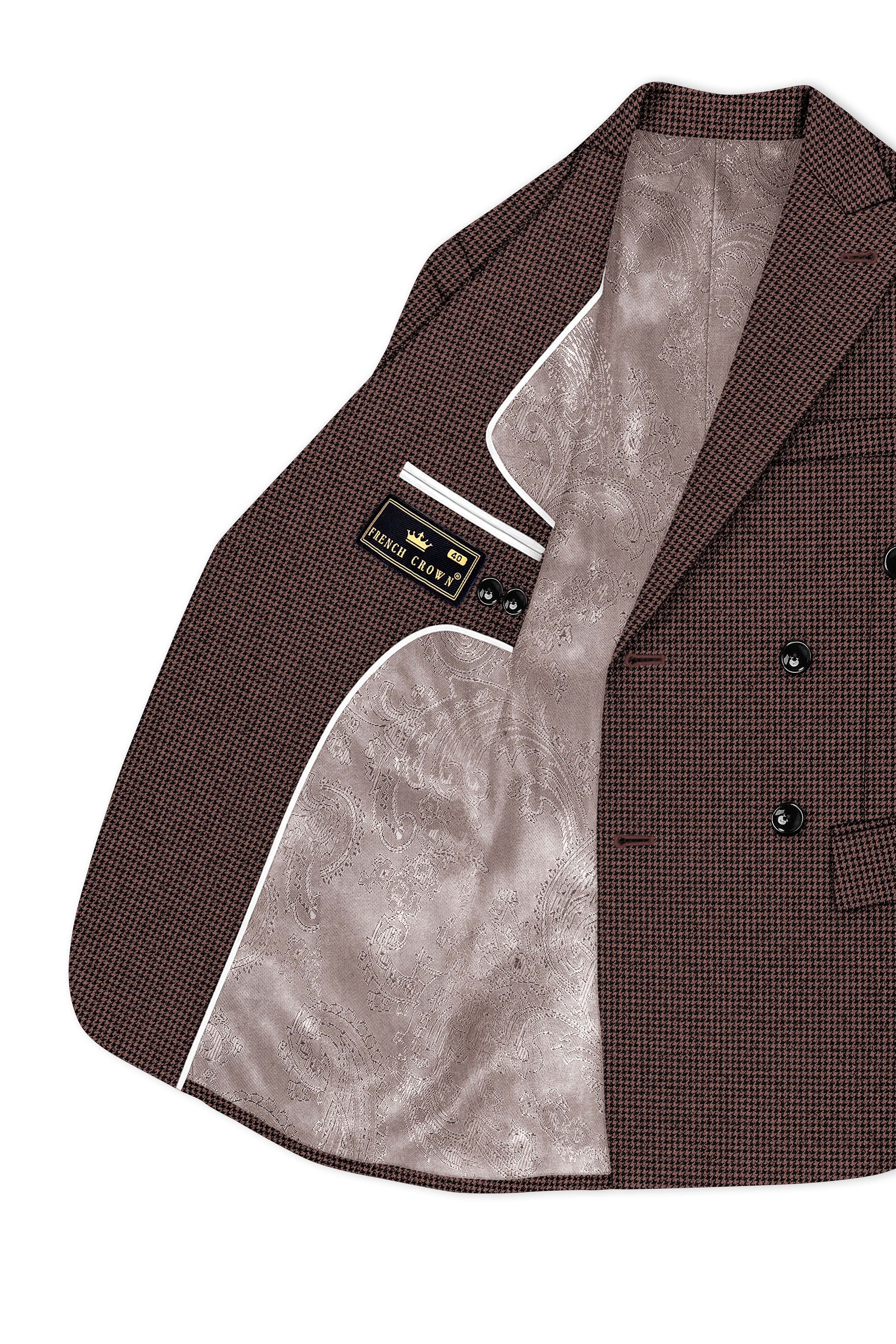 Sylvan-Woody Brown Classic Houndstooth Textured Tweed Double Breasted Suit