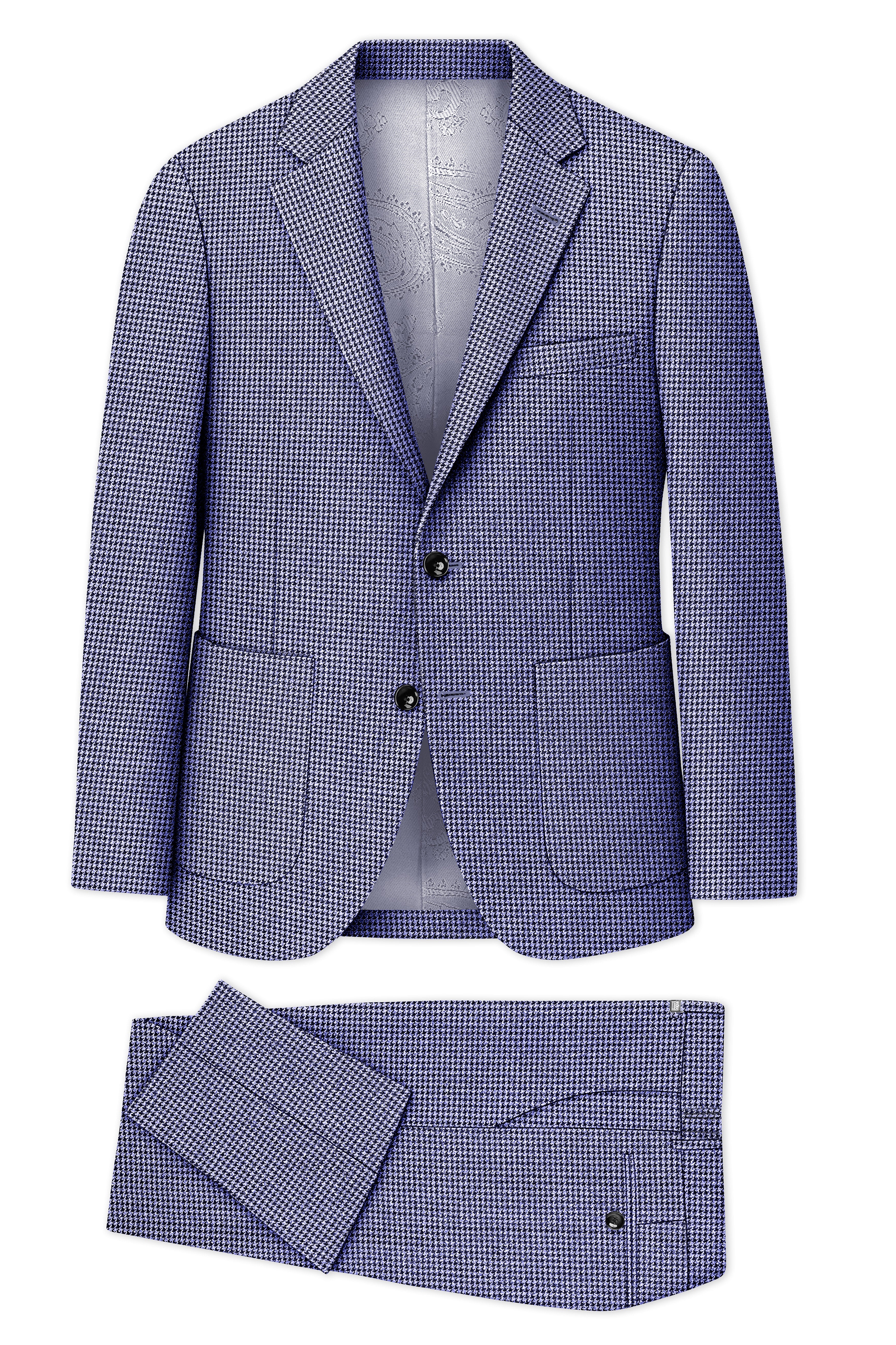 Dusk-Mulled Blue Classic Houndstooth Textured Tweed Single Breasted Sports Suit
