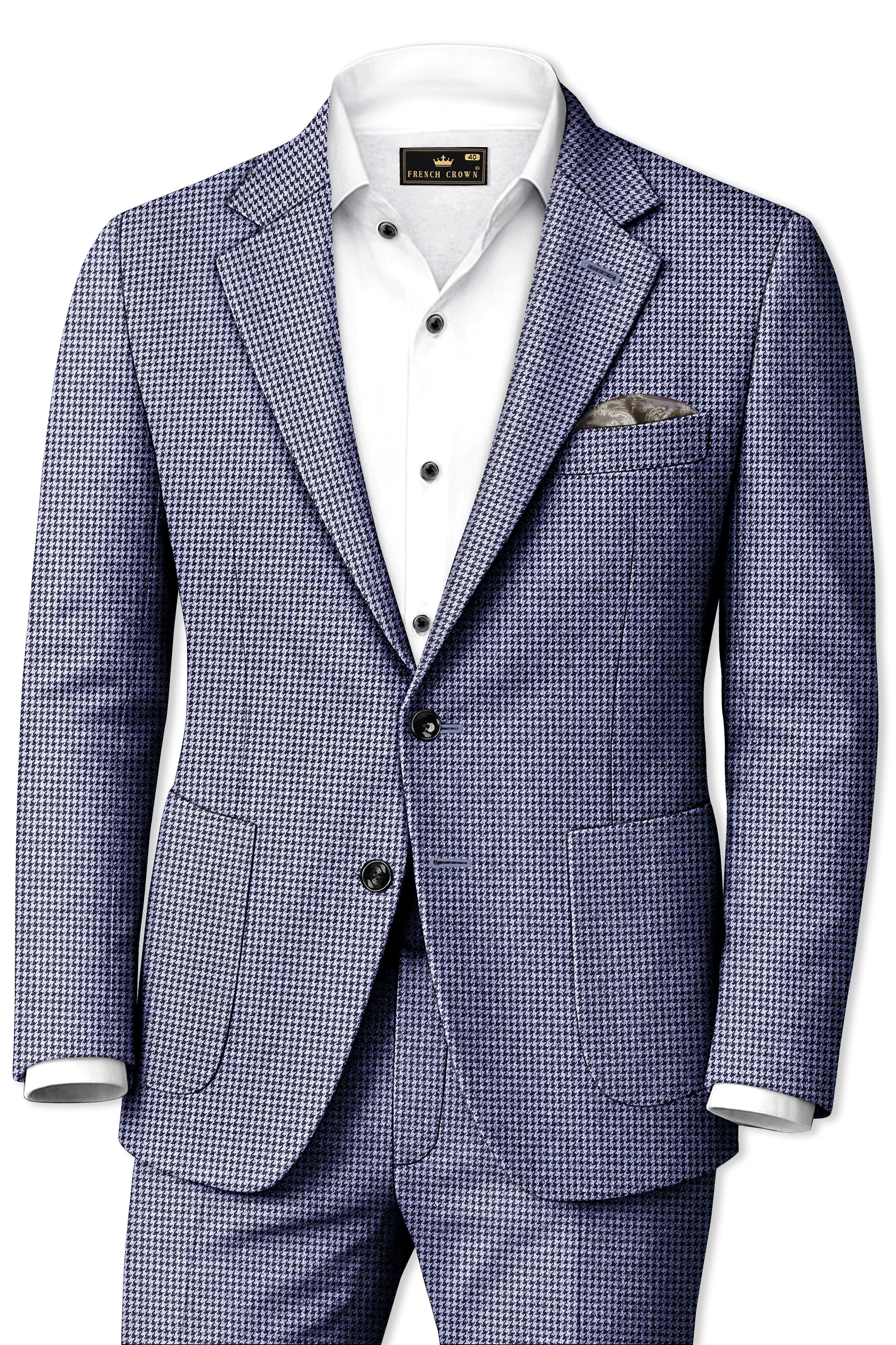 Dusk-Mulled Blue Classic Houndstooth Textured Tweed Single Breasted Sports Suit