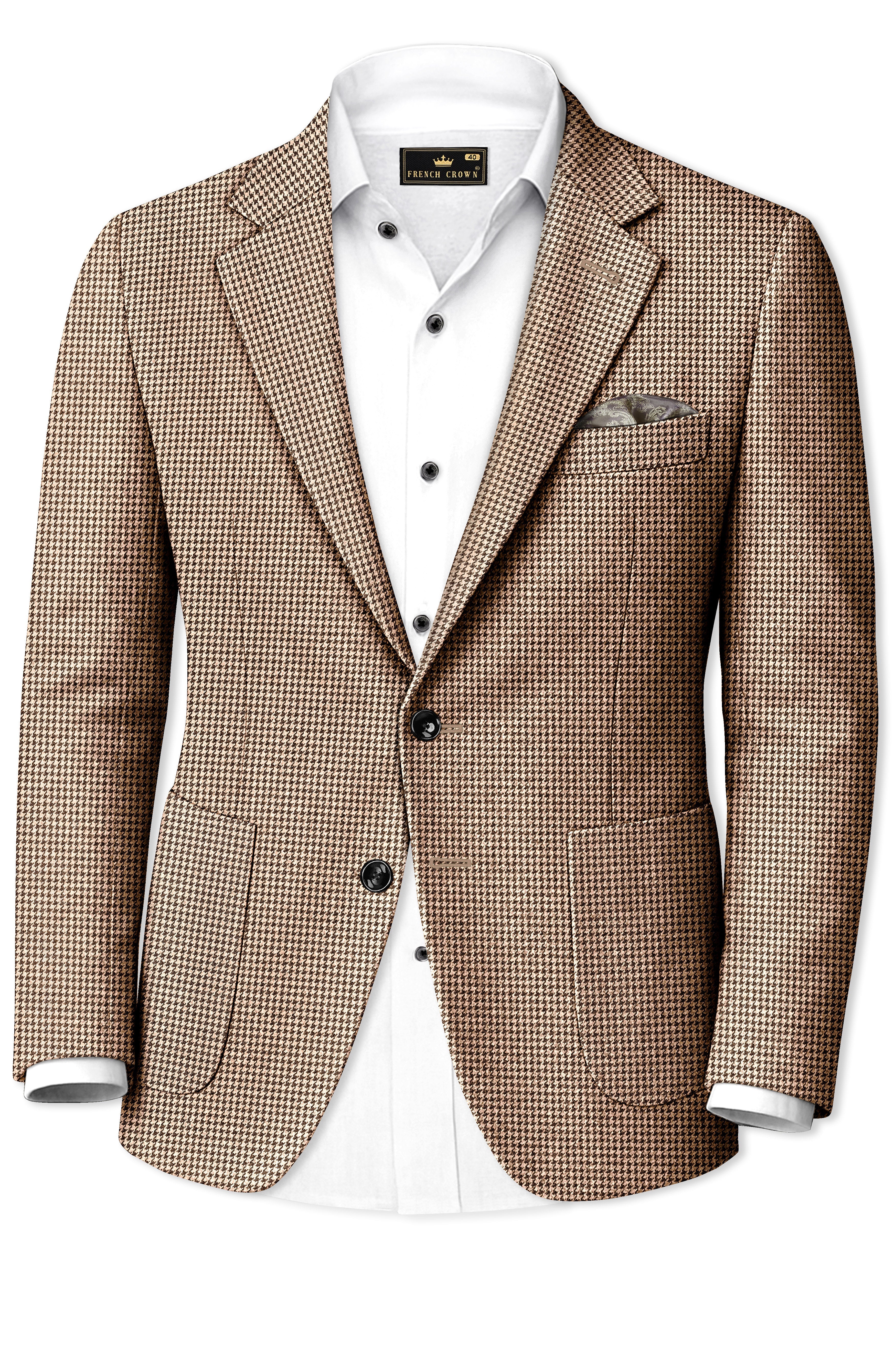 Scholar-Mocha Brown Classic Houndstooth Textured Tweed Single Breasted Sports Suit