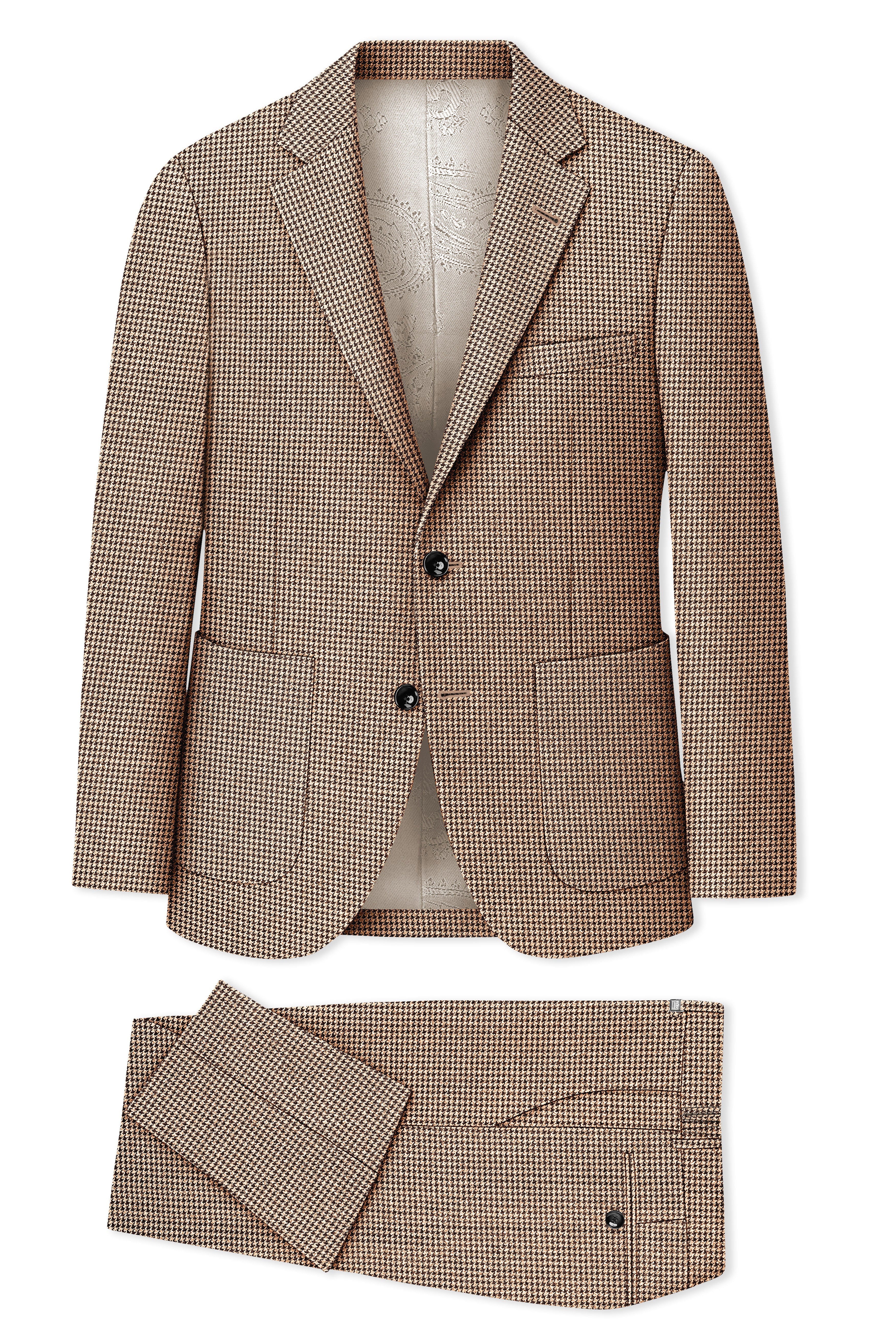 Scholar-Mocha Brown Classic Houndstooth Textured Tweed Single Breasted Sports Suit