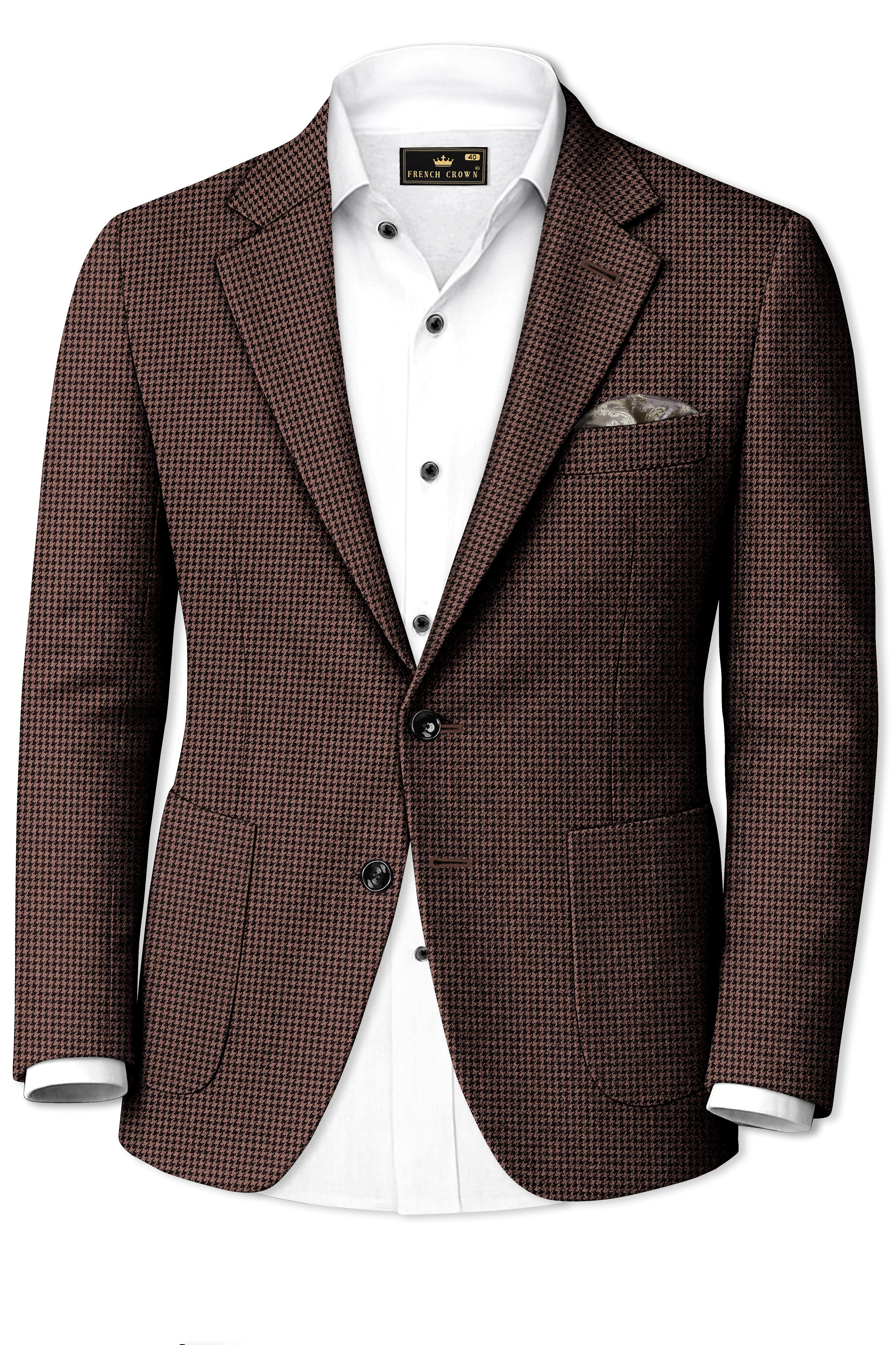 Sylvan-Woody Brown Classic Houndstooth Textured Tweed Single Breasted Sports Suit