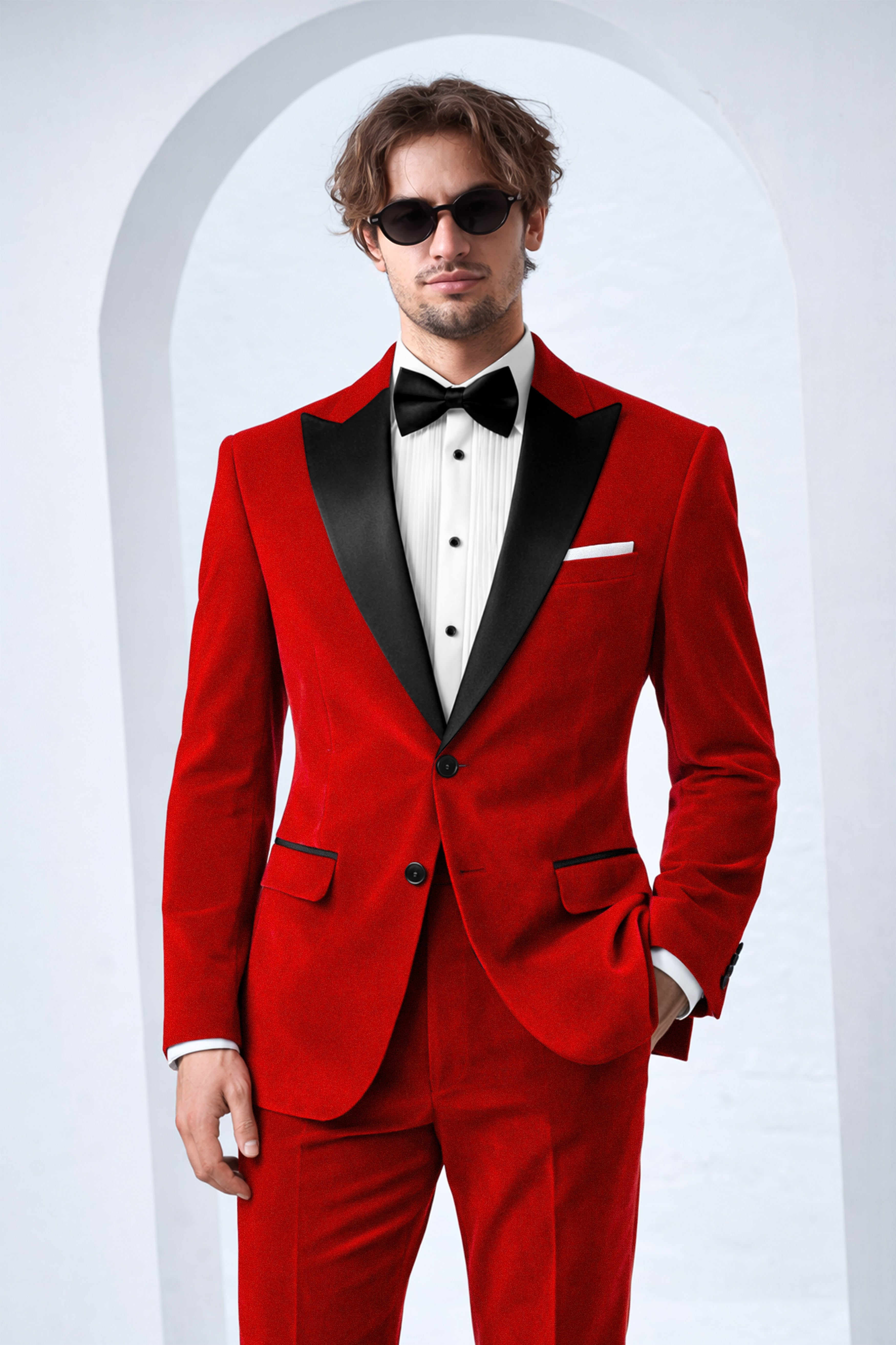 Imperio-Crimson Red Velvet Peak Lapel Tuxedo Suit